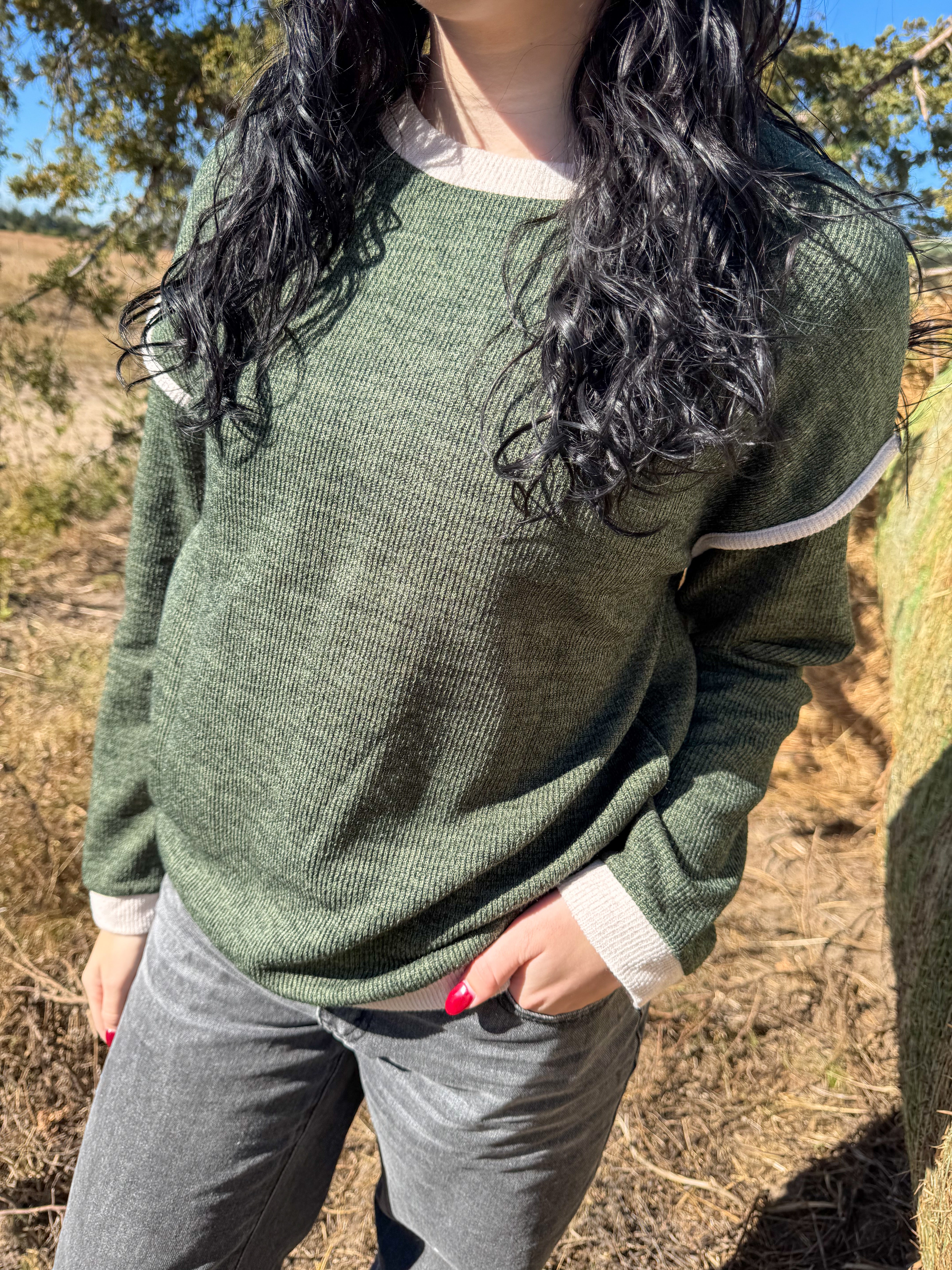 Dark Green Contrast Color Trim Long Sleeve Top