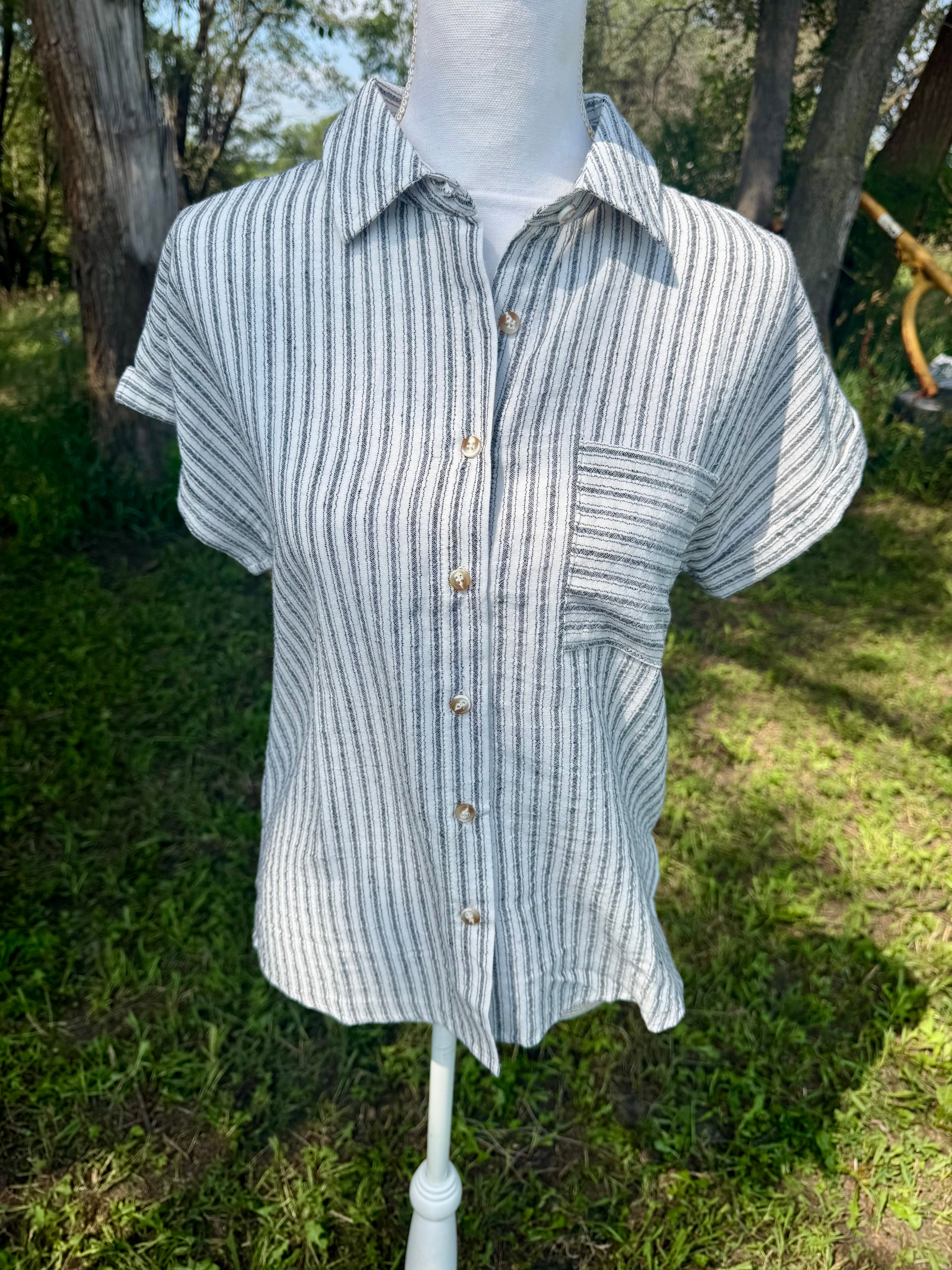 Black Striped Collared Short Sleeve Top