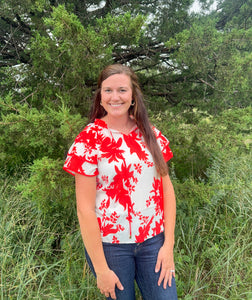 Red/orange Floral Print V Neck Top