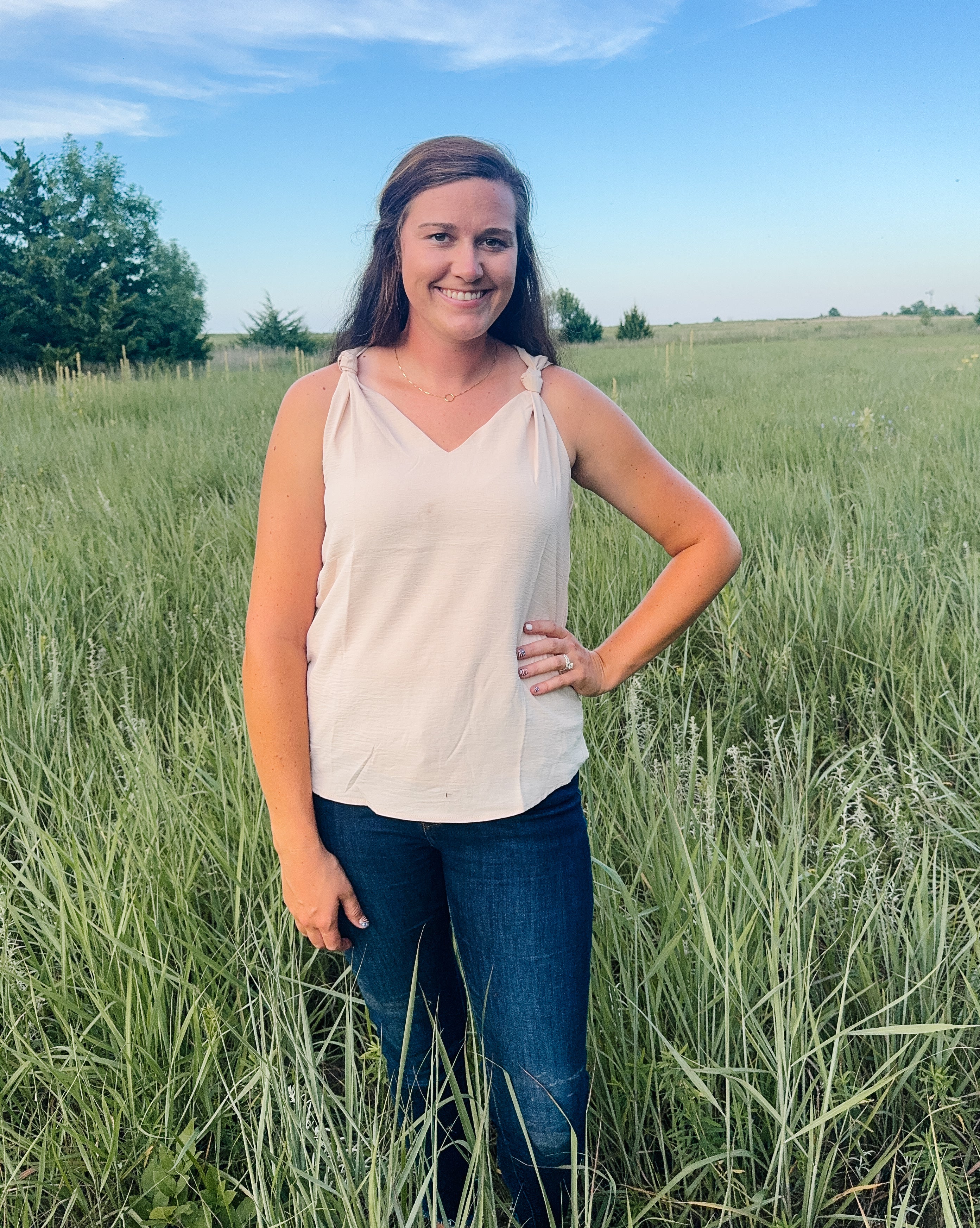 Apricot V Neck Knotted Shoulder Tank