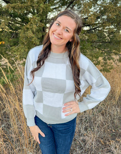 Grey Checkered Long Sleeve Sweater