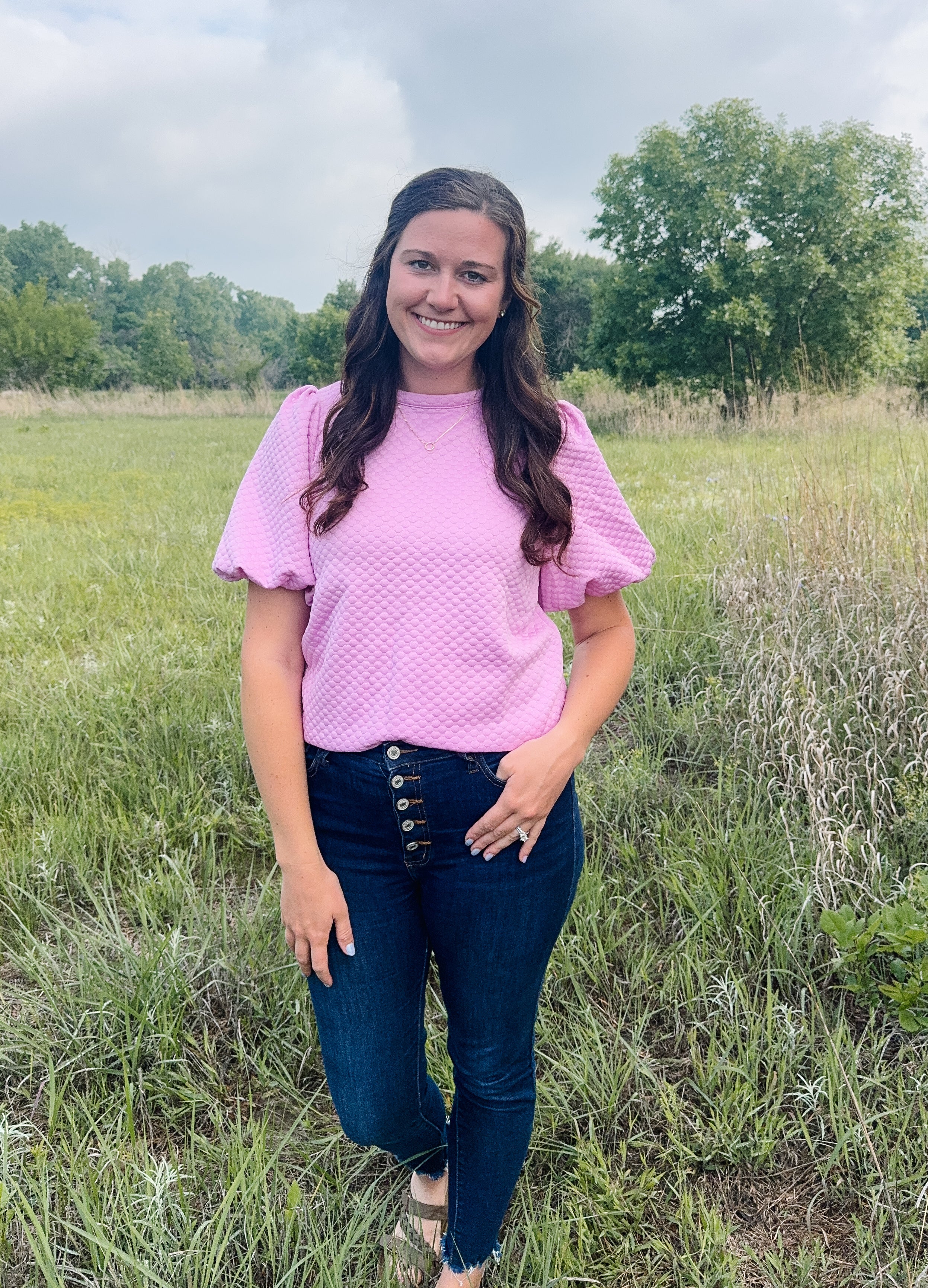Purple Solid Textured Puff Sleeve Top