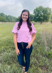 Purple Solid Textured Puff Sleeve Top