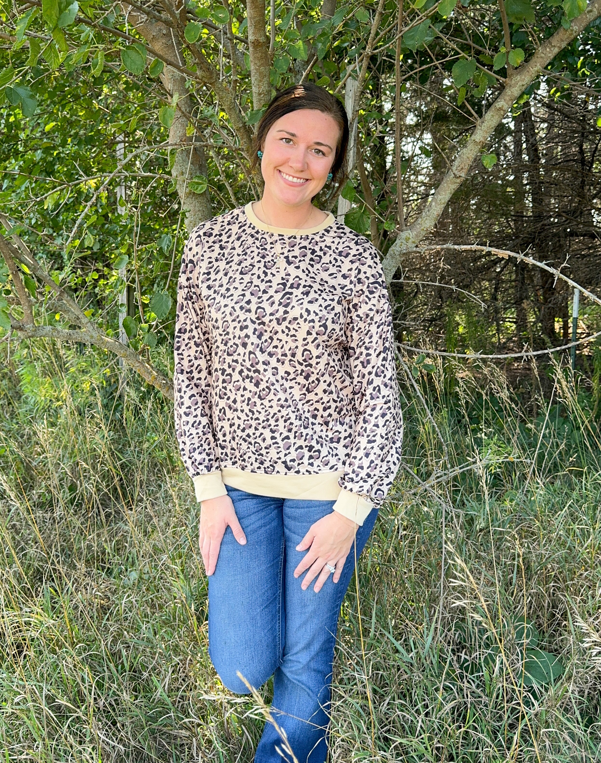 Leopard Print Long Sleeve Crewneck Top