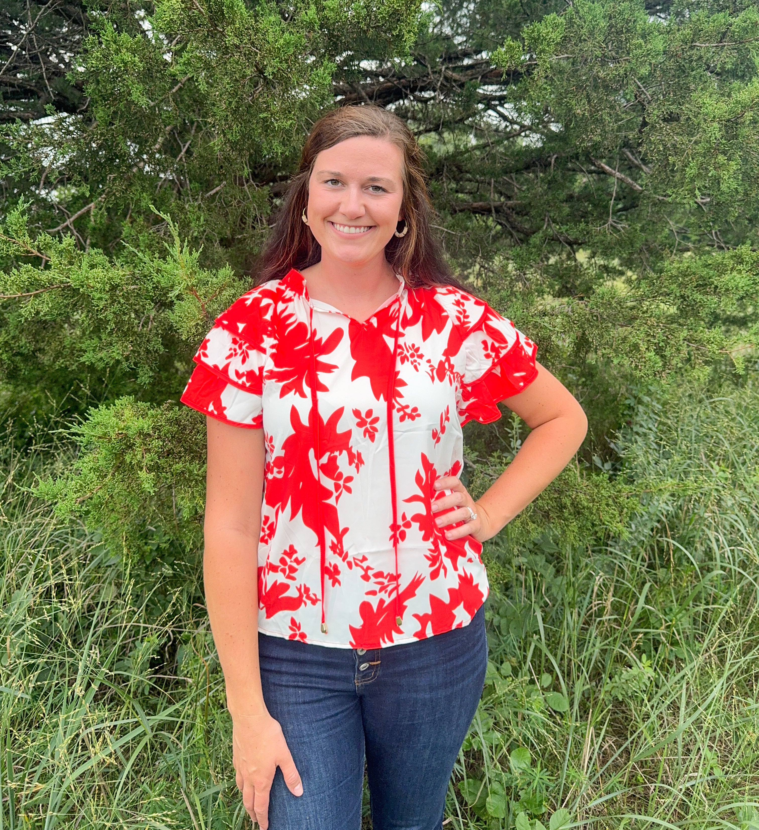 Red/orange Floral Print V Neck Top