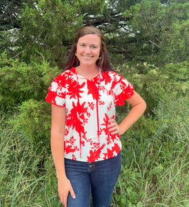 Red/orange Floral Print V Neck Top