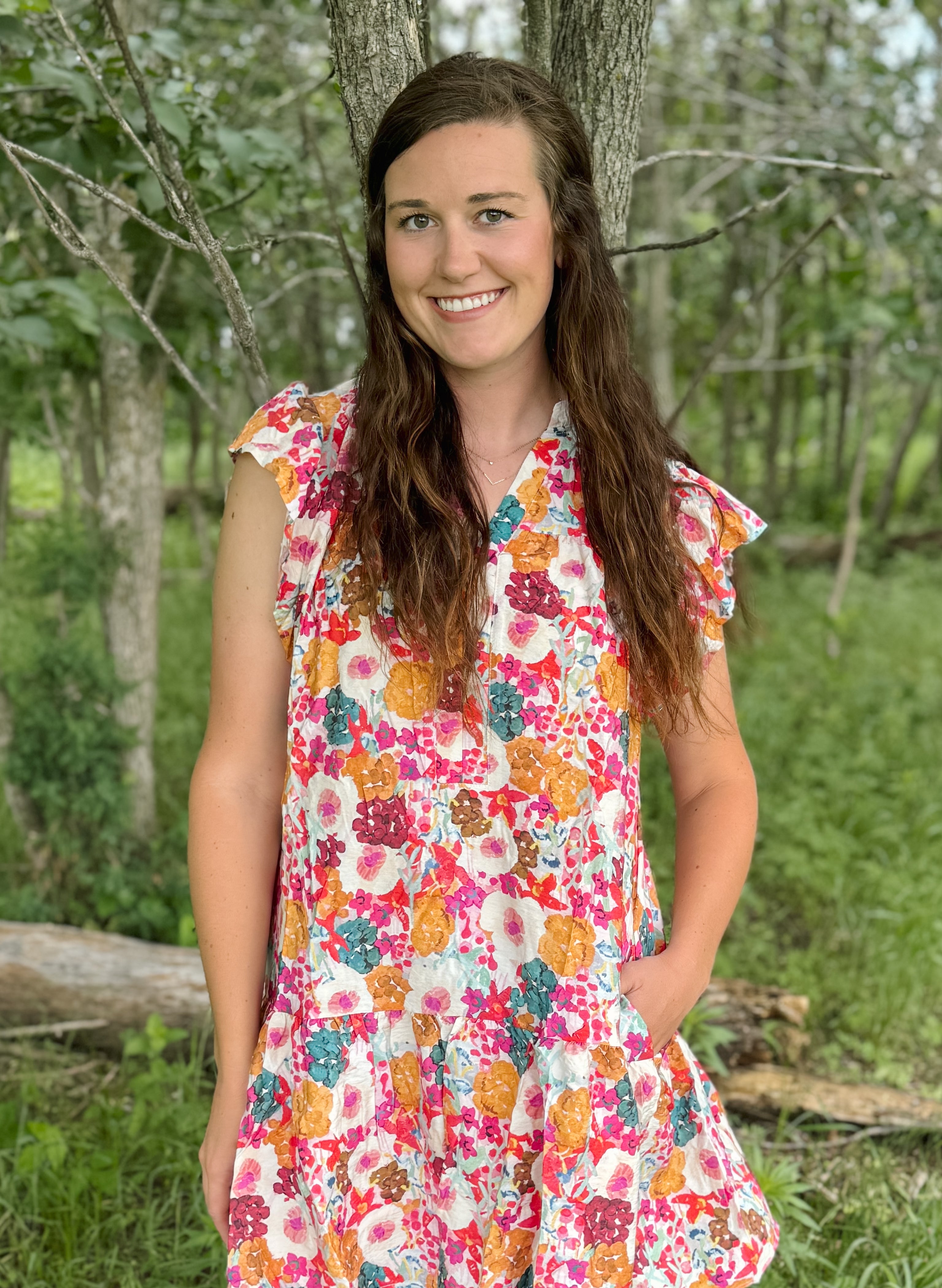 Floral Print V Neck Ruffle Dress