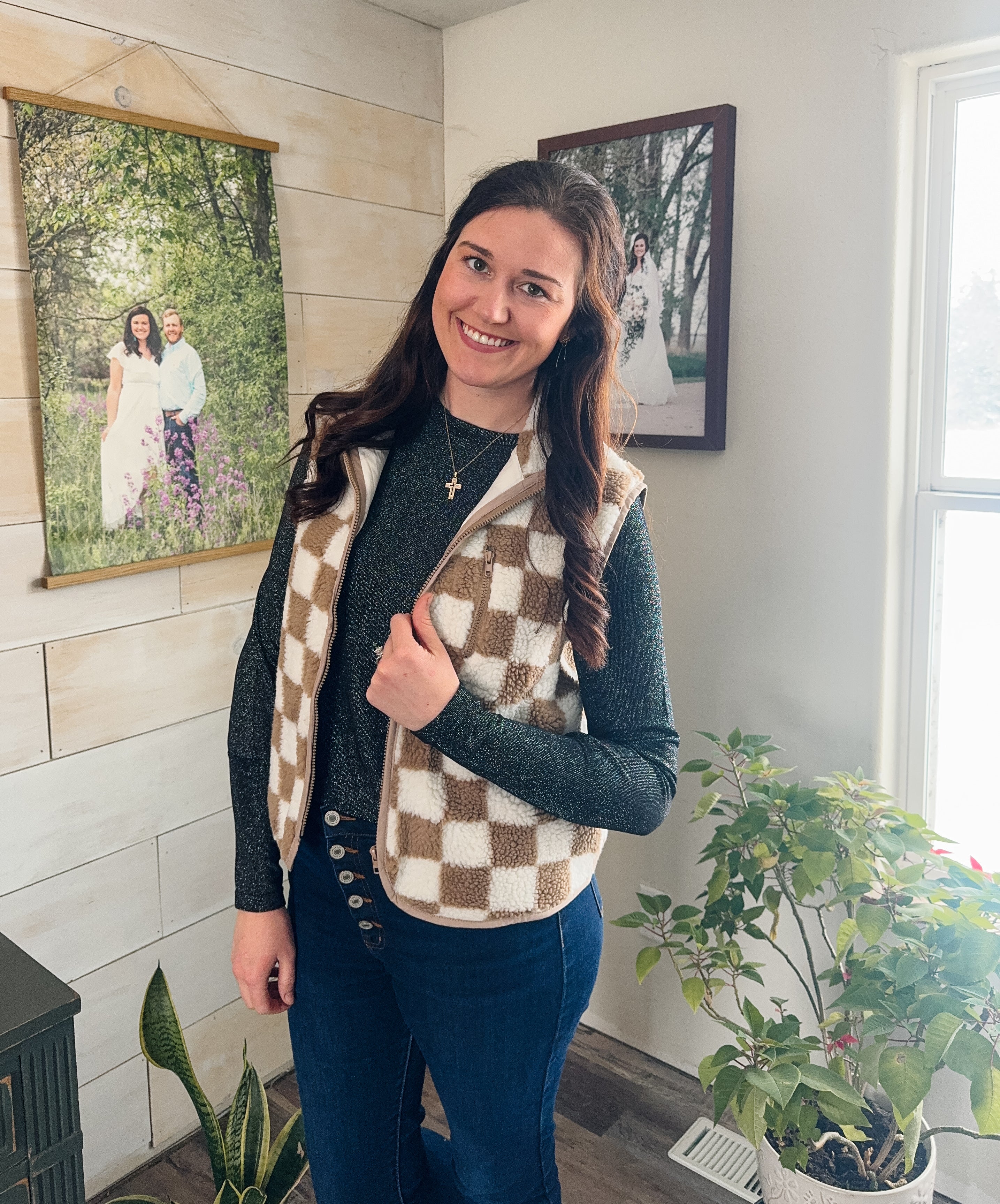 Khaki Checkered Sherpa Vest