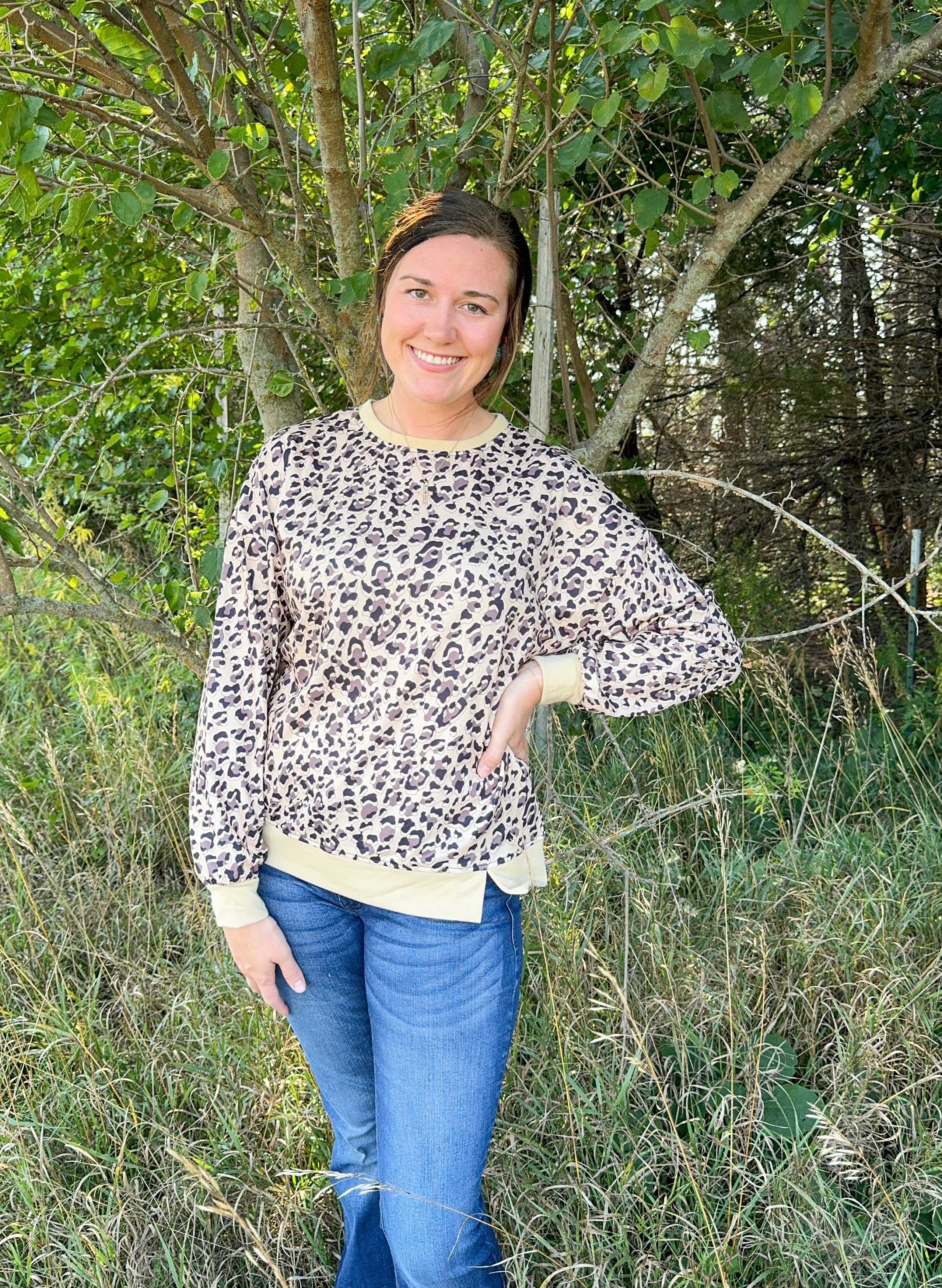 Leopard Print Long Sleeve Crewneck Top