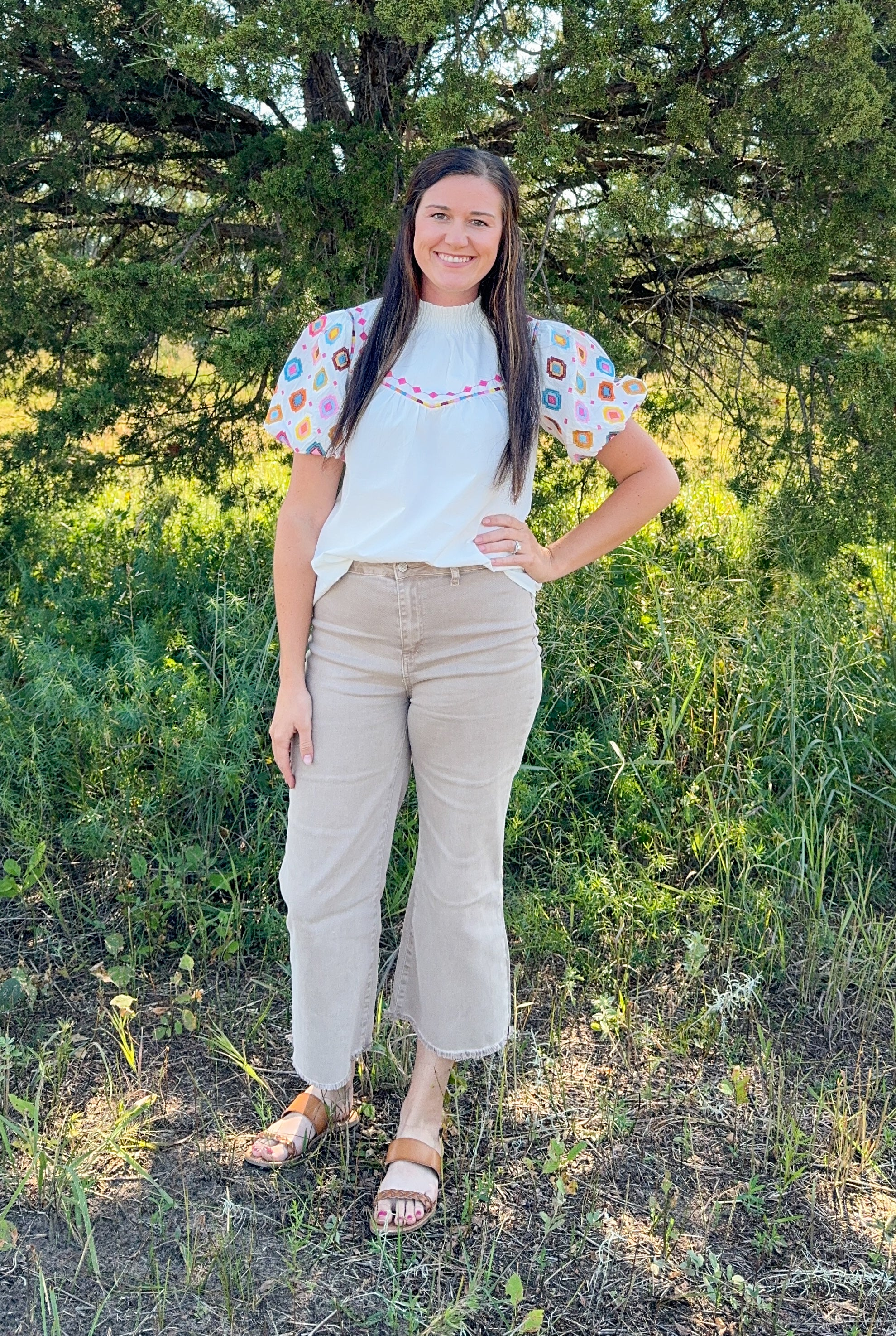 White Geometric Embroidered Smocked Neck Top