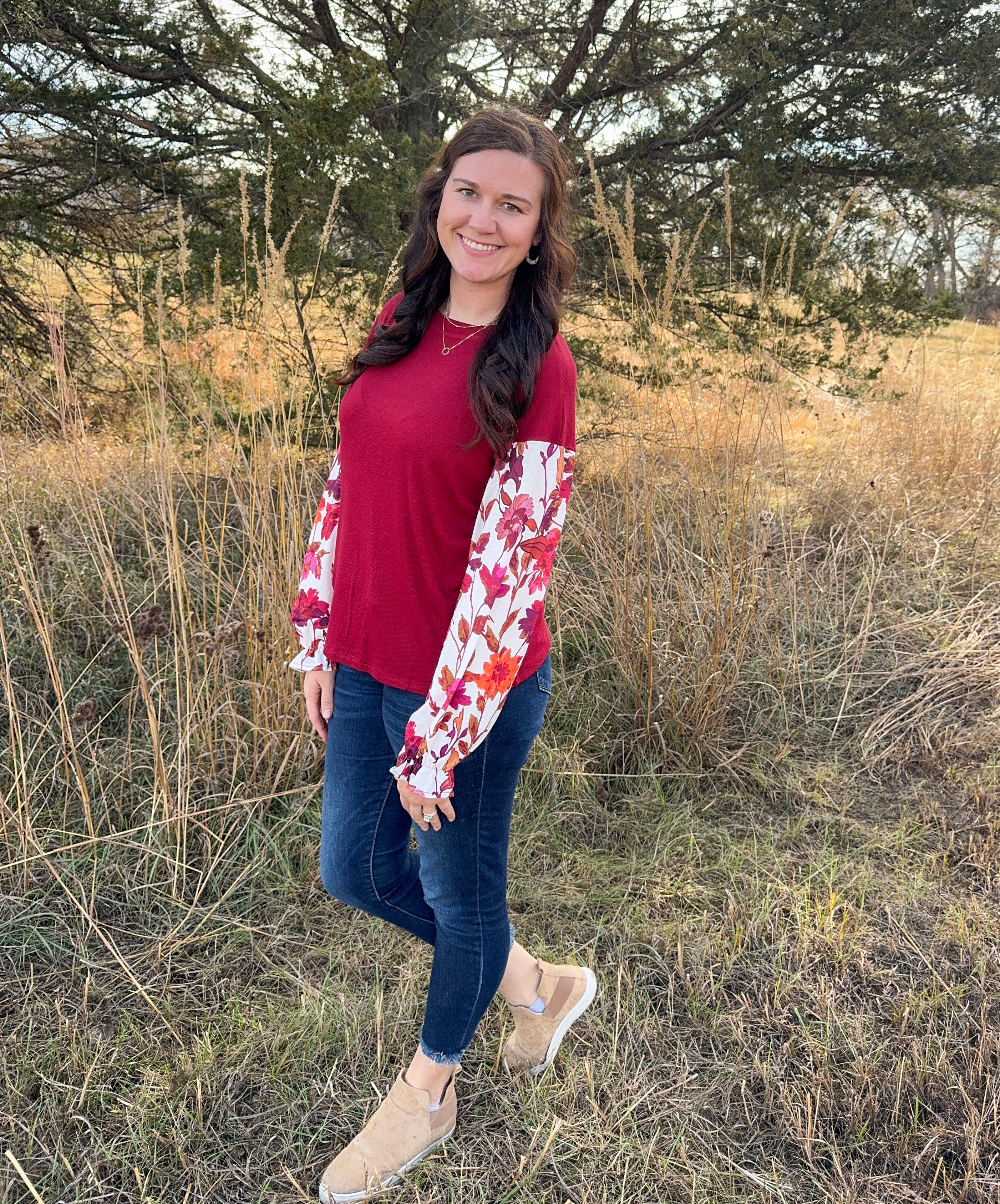 Wine Classic Floral Sleeve Long Sleeve Blouse