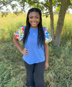 Blue Floral Print Sleeve Top