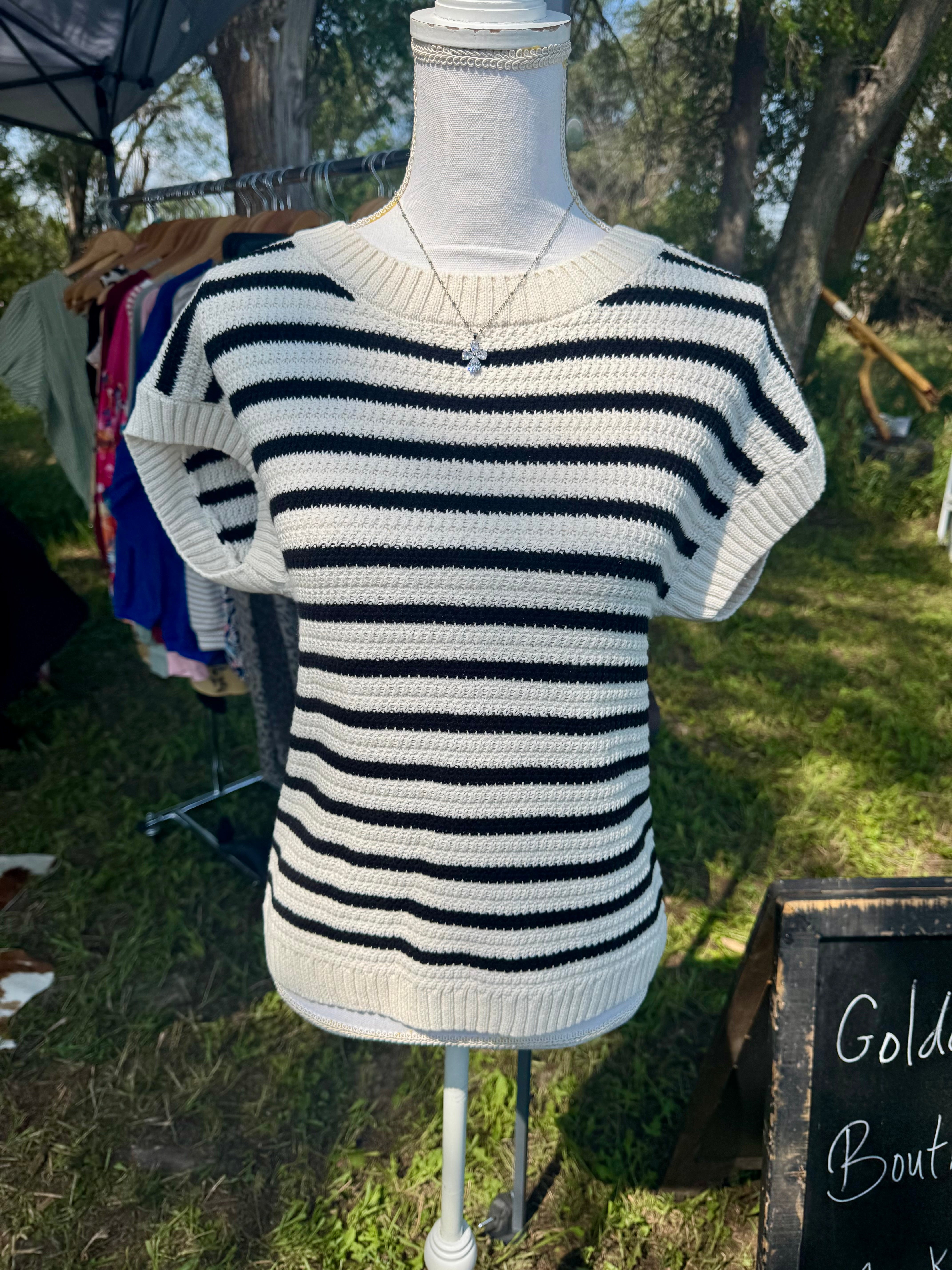 Black Stripe Short Sleeve Sweater