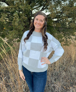 Grey Checkered Long Sleeve Sweater