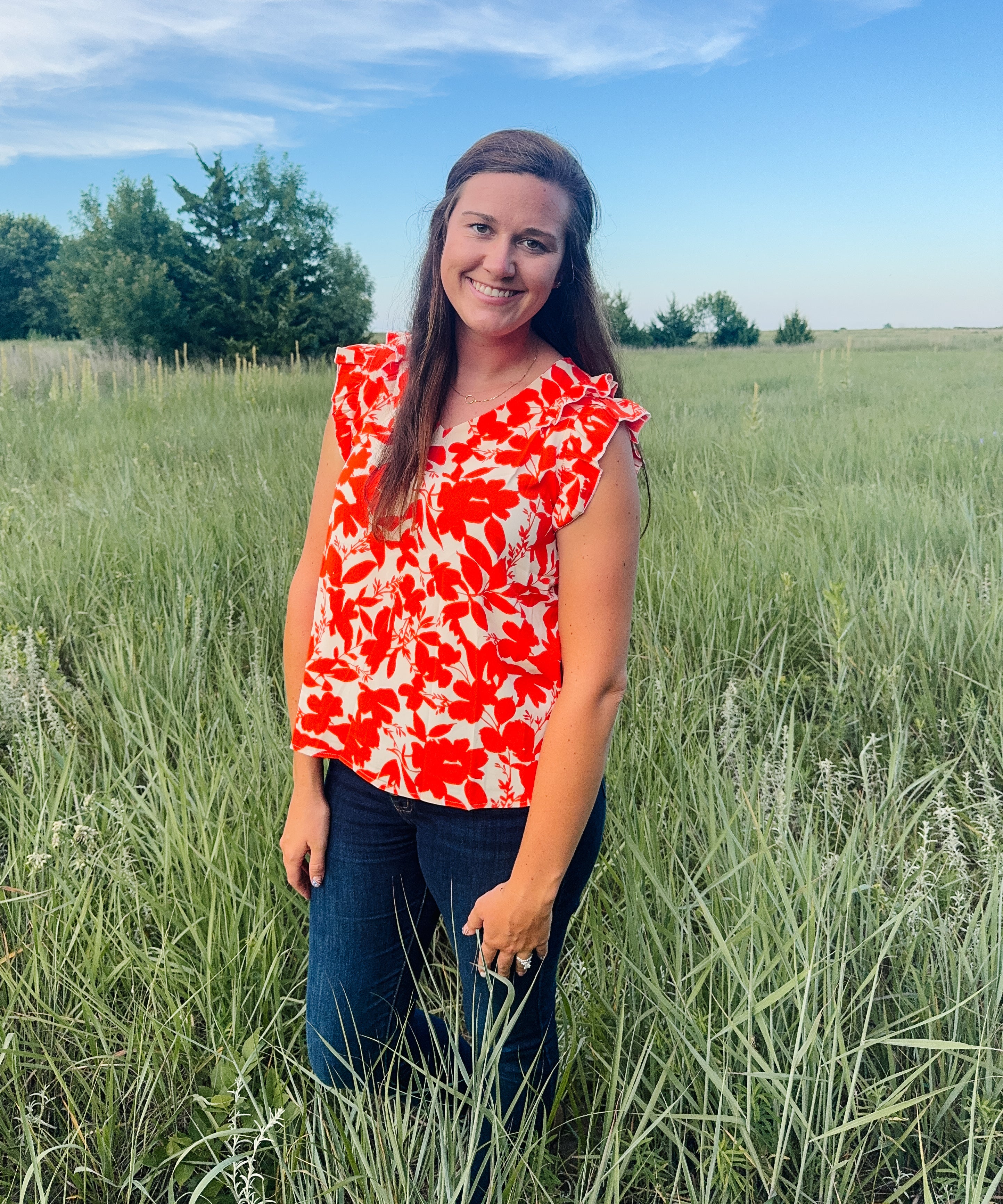 Orange Floral Print V Neck Top