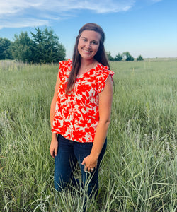 Orange Floral Print V Neck Top