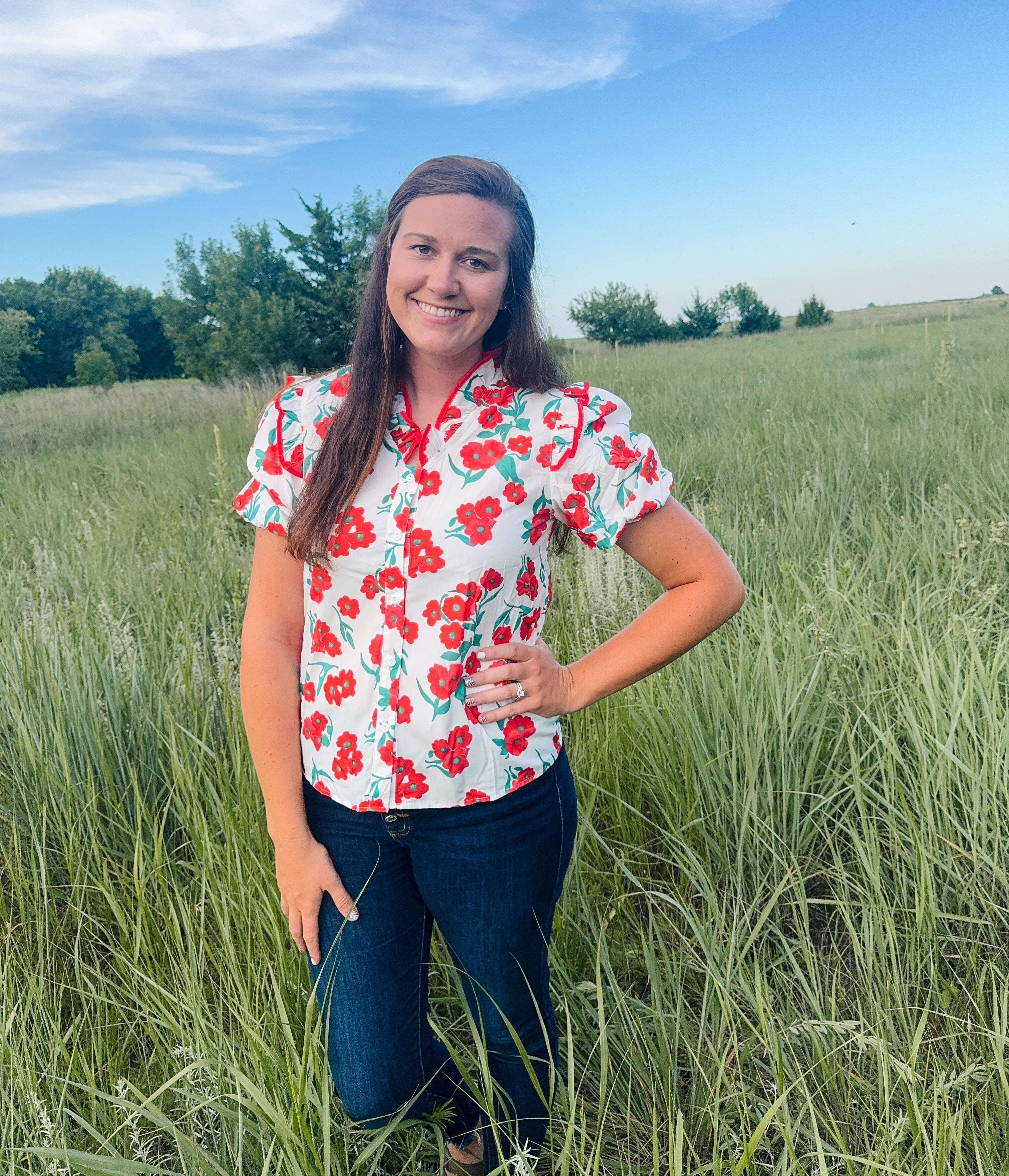Red Floral Print Puff Sleeve Top