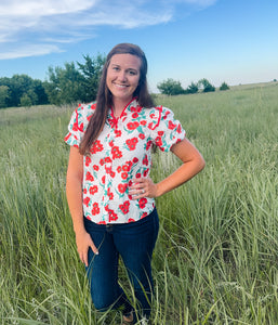 Red Floral Print Puff Sleeve Top