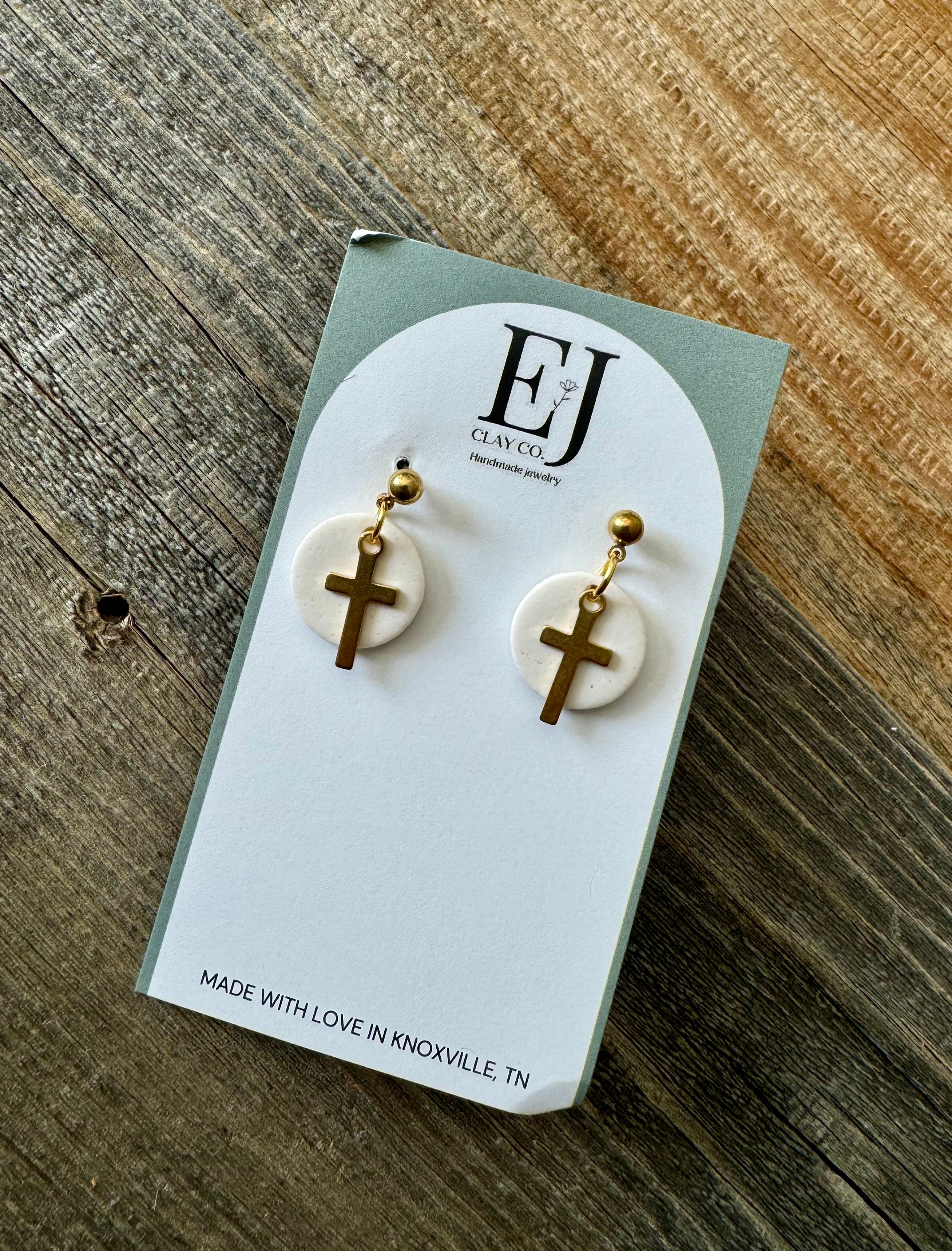 Small White/ Gold Glitter Cross Dangle Earrings