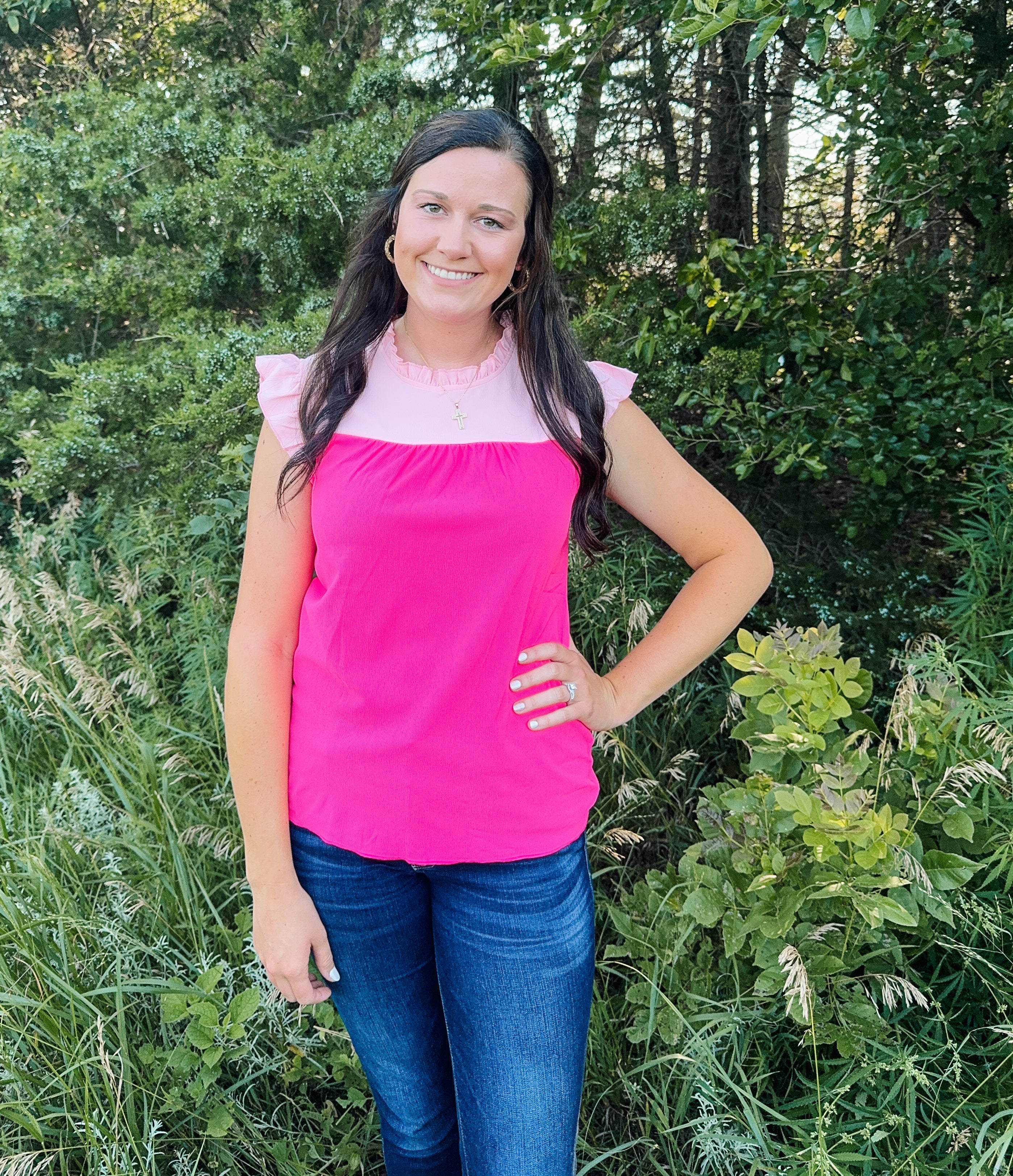 Pink Two Tone Ruffle Sleeve Blouse