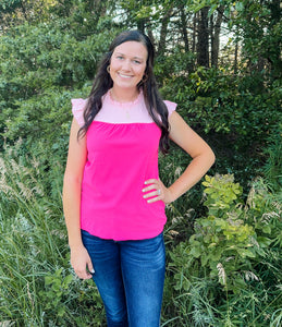 Pink Two Tone Ruffle Sleeve Blouse