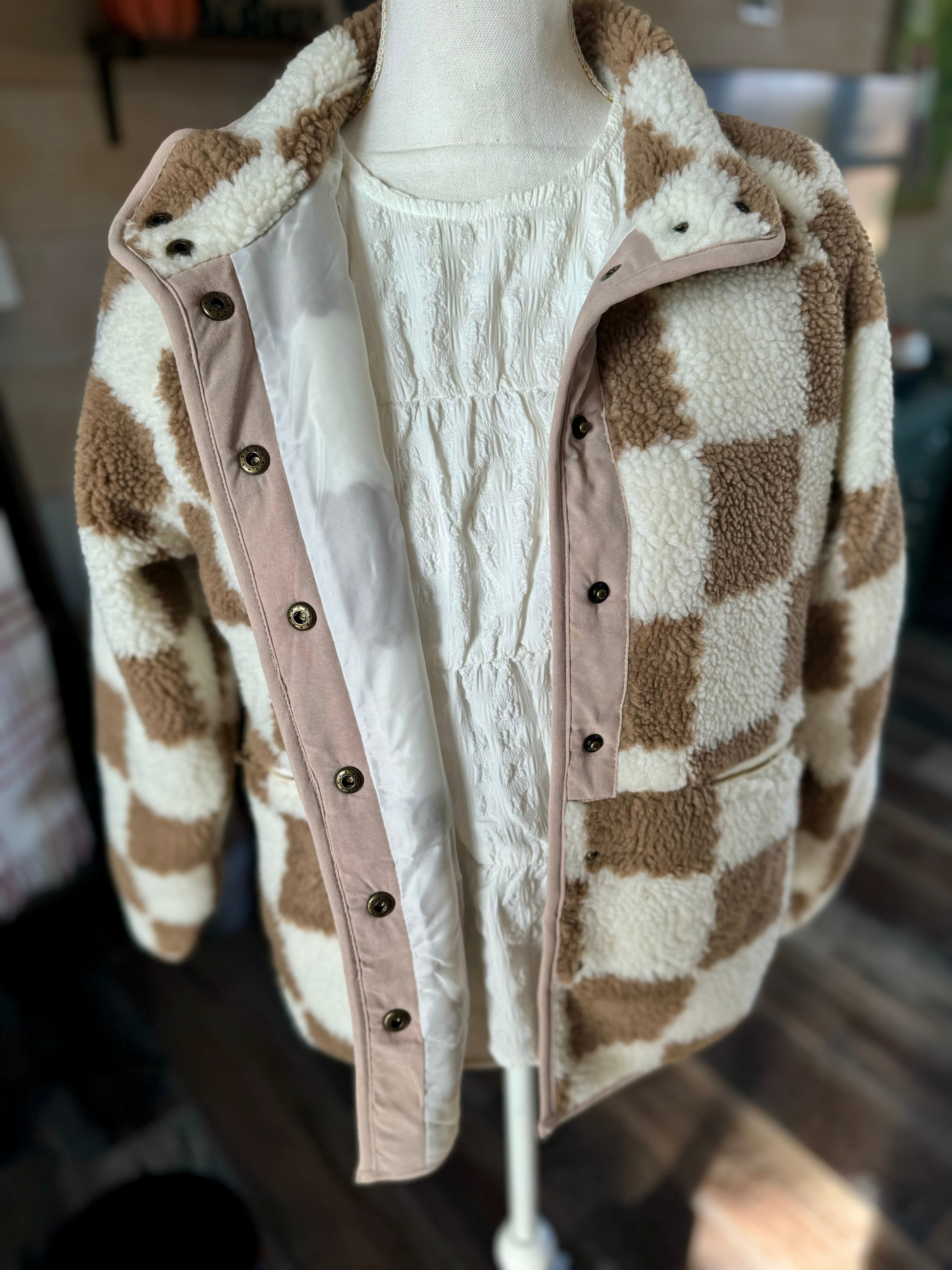 Brown Checkered Snap Button Sherpa Jacket