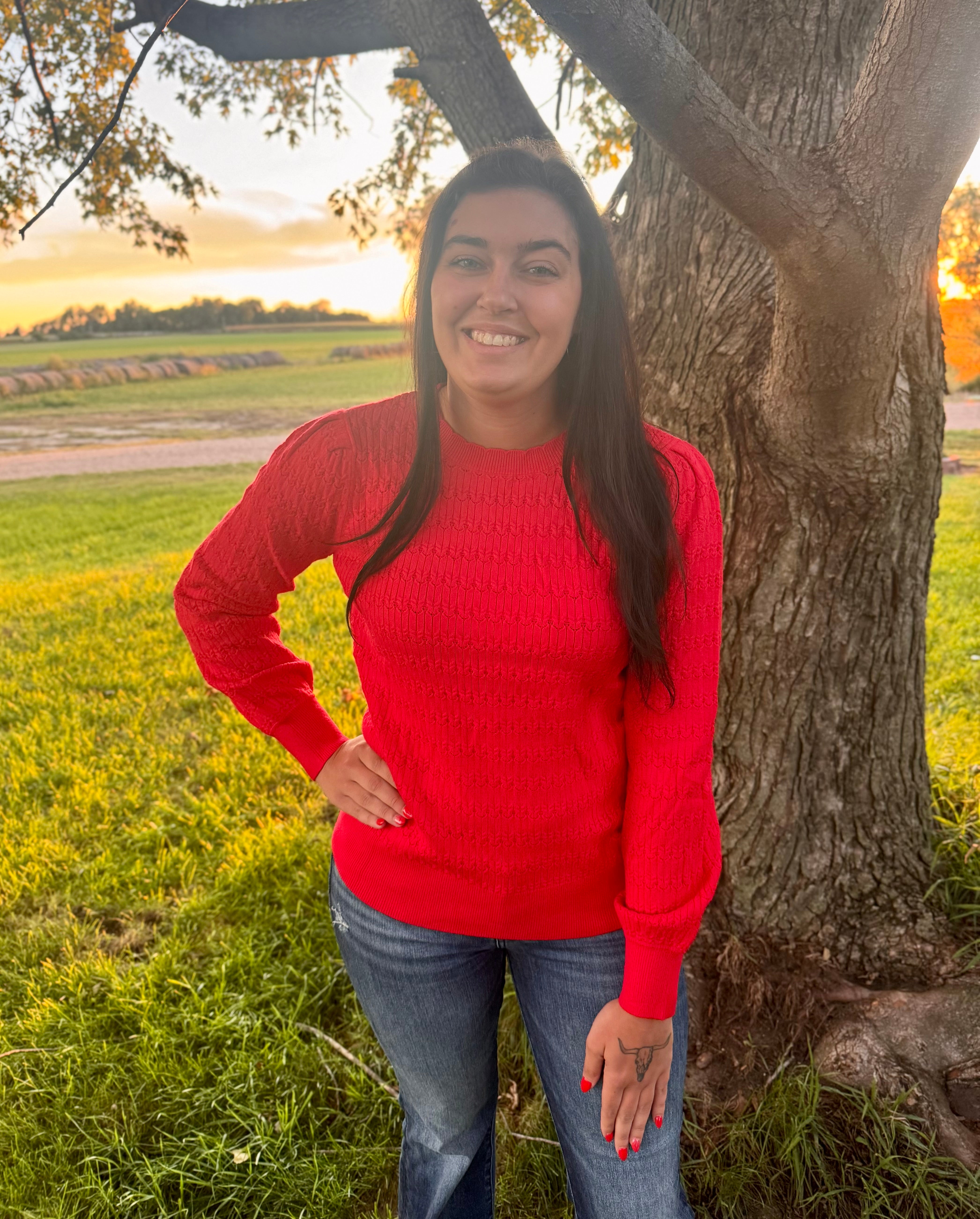 Fiery Red Ribbed Textured Sweater
