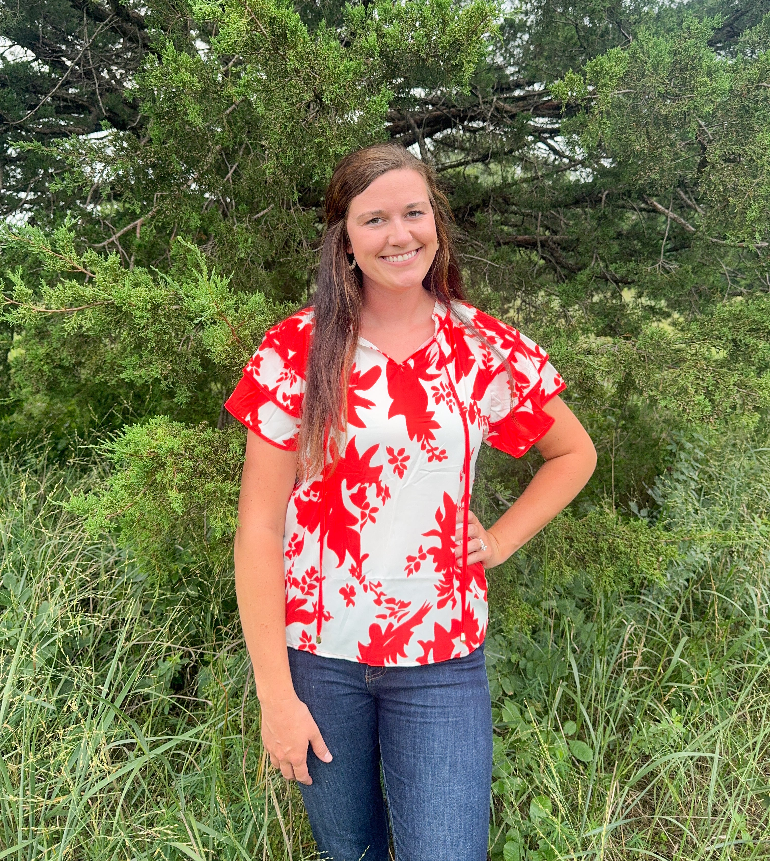 Red/orange Floral Print V Neck Top