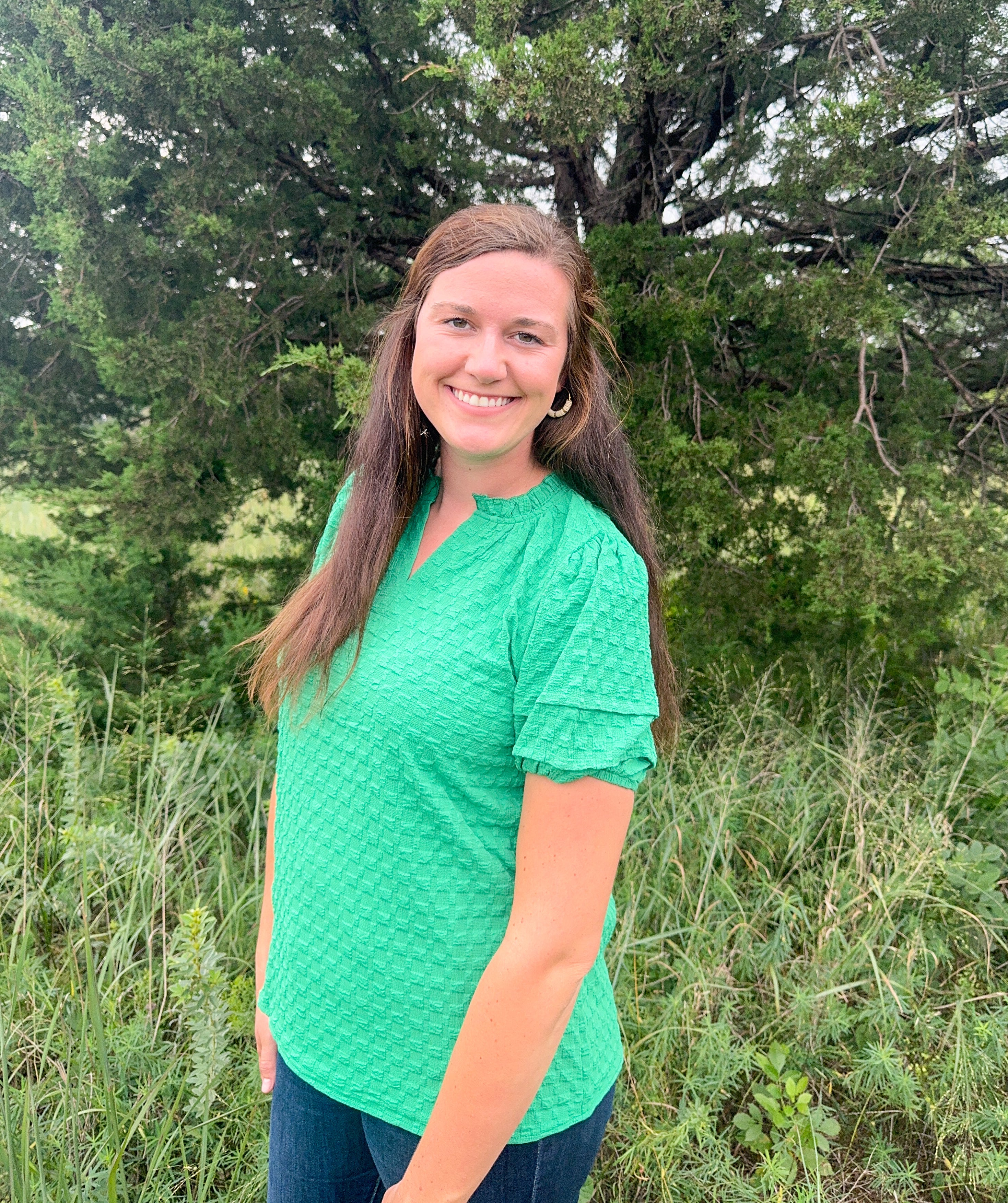 Textured Green Puff Sleeve V Neck