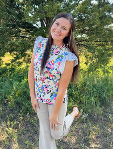 Lt Blue Floral Print Ruffle Sleeve Top