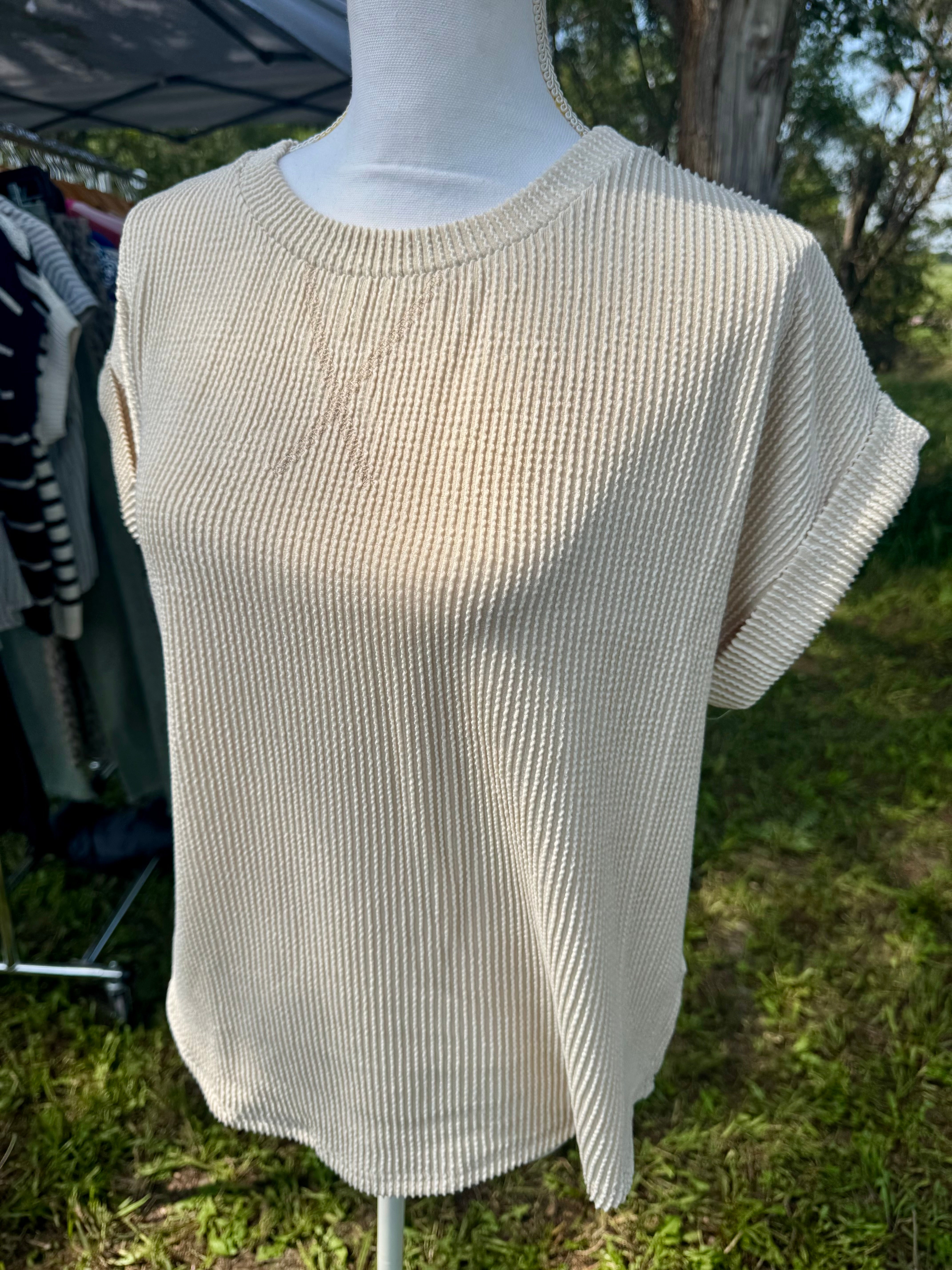 Cream ribbed short sleeve top