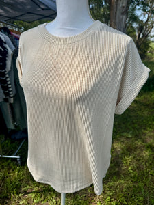 Cream ribbed short sleeve top