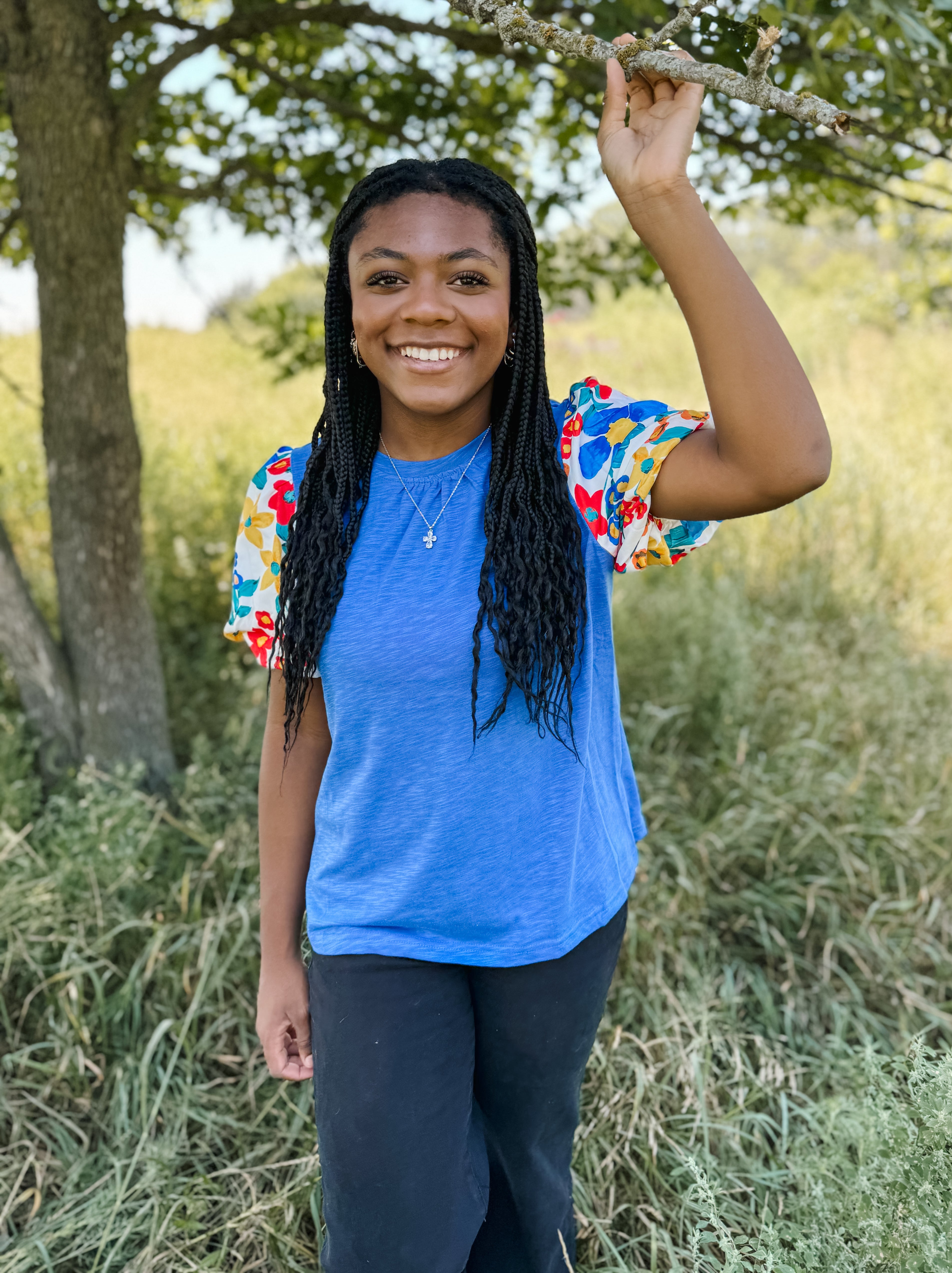 Blue Floral Print Sleeve Top