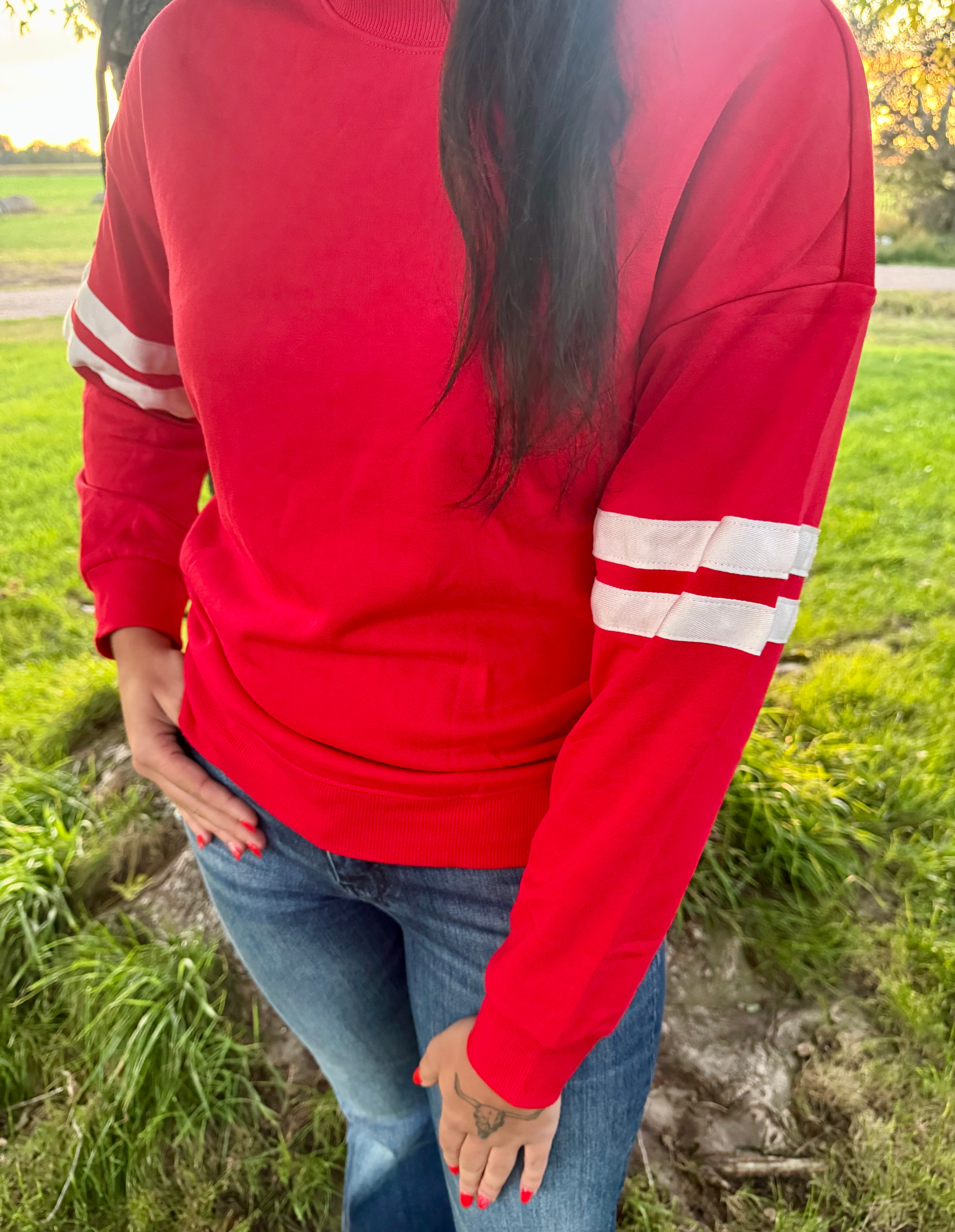 Fiery Red Striped Sleeve Long Sleeve Sweater