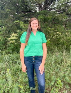 Textured Green Puff Sleeve V Neck