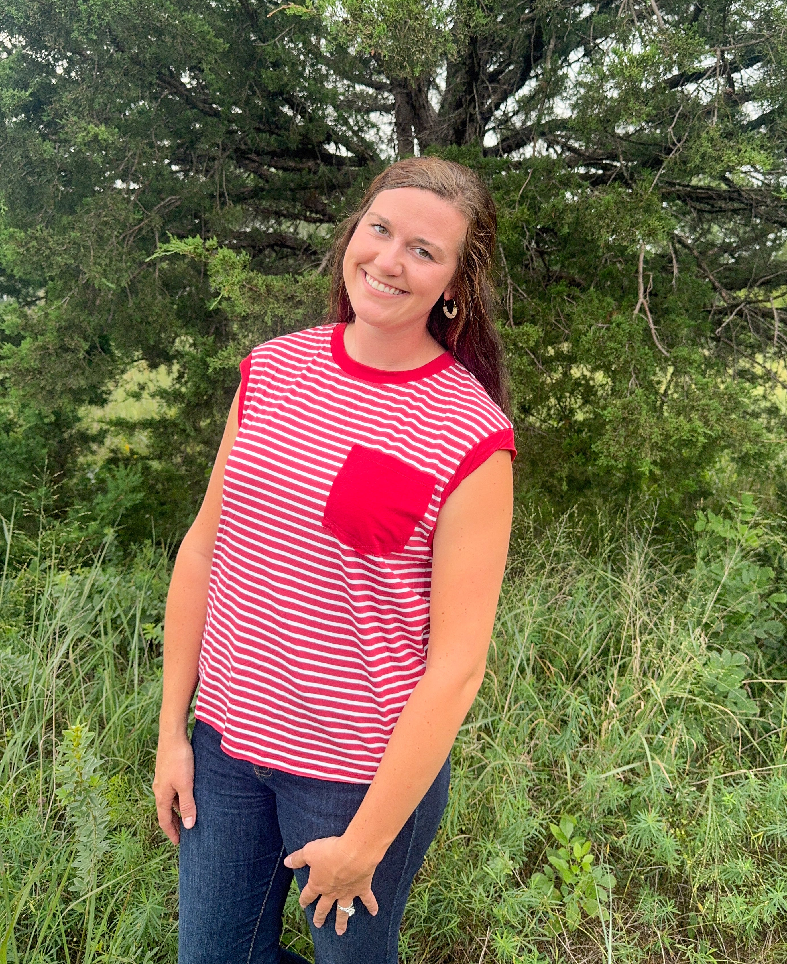 Red Stripe Pocket Round Neck Top