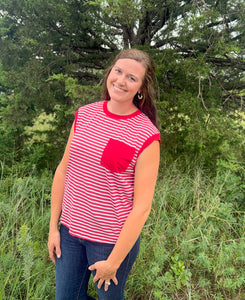 Red Stripe Pocket Round Neck Top