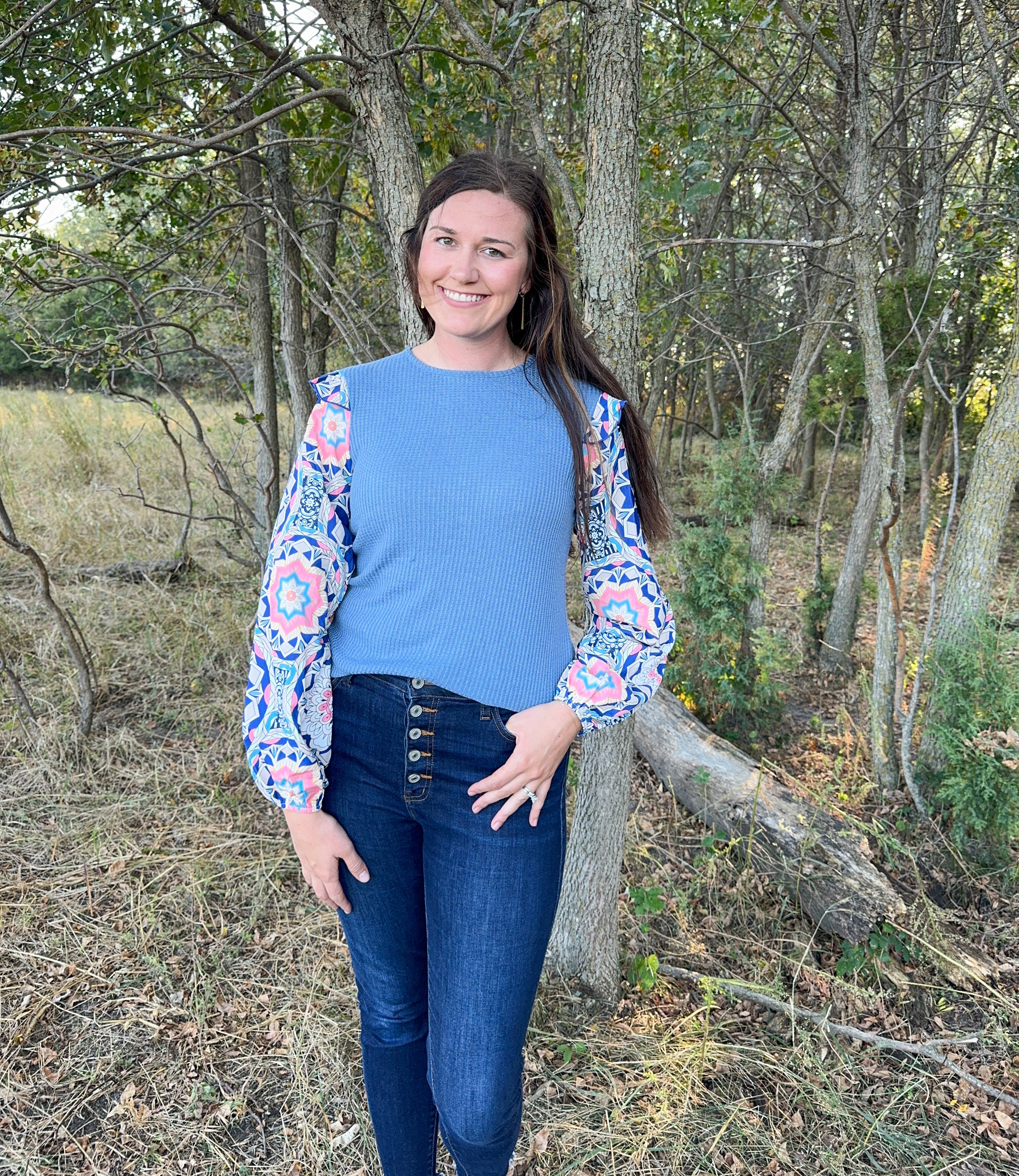 Blue Ruffle Floral Sleeve Waffle Knit Top