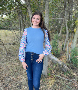 Blue Ruffle Floral Sleeve Waffle Knit Top