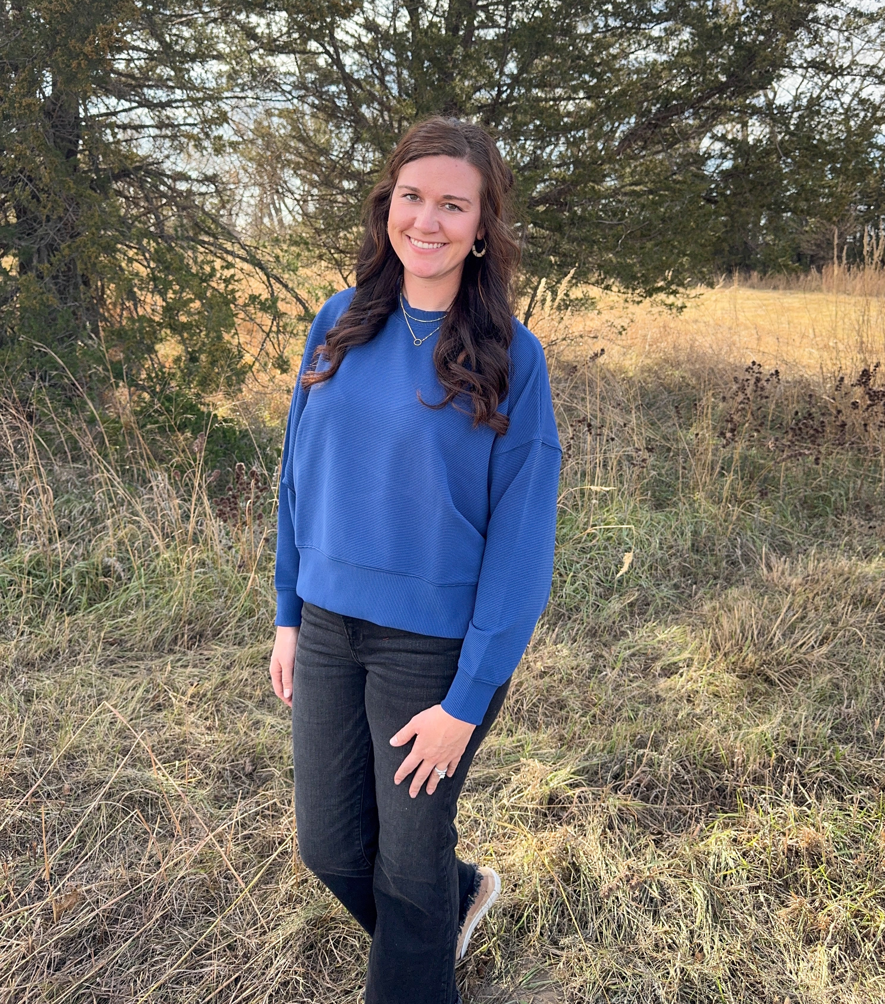 Lt Navy Ribbed Balloon Sleeve Sweater