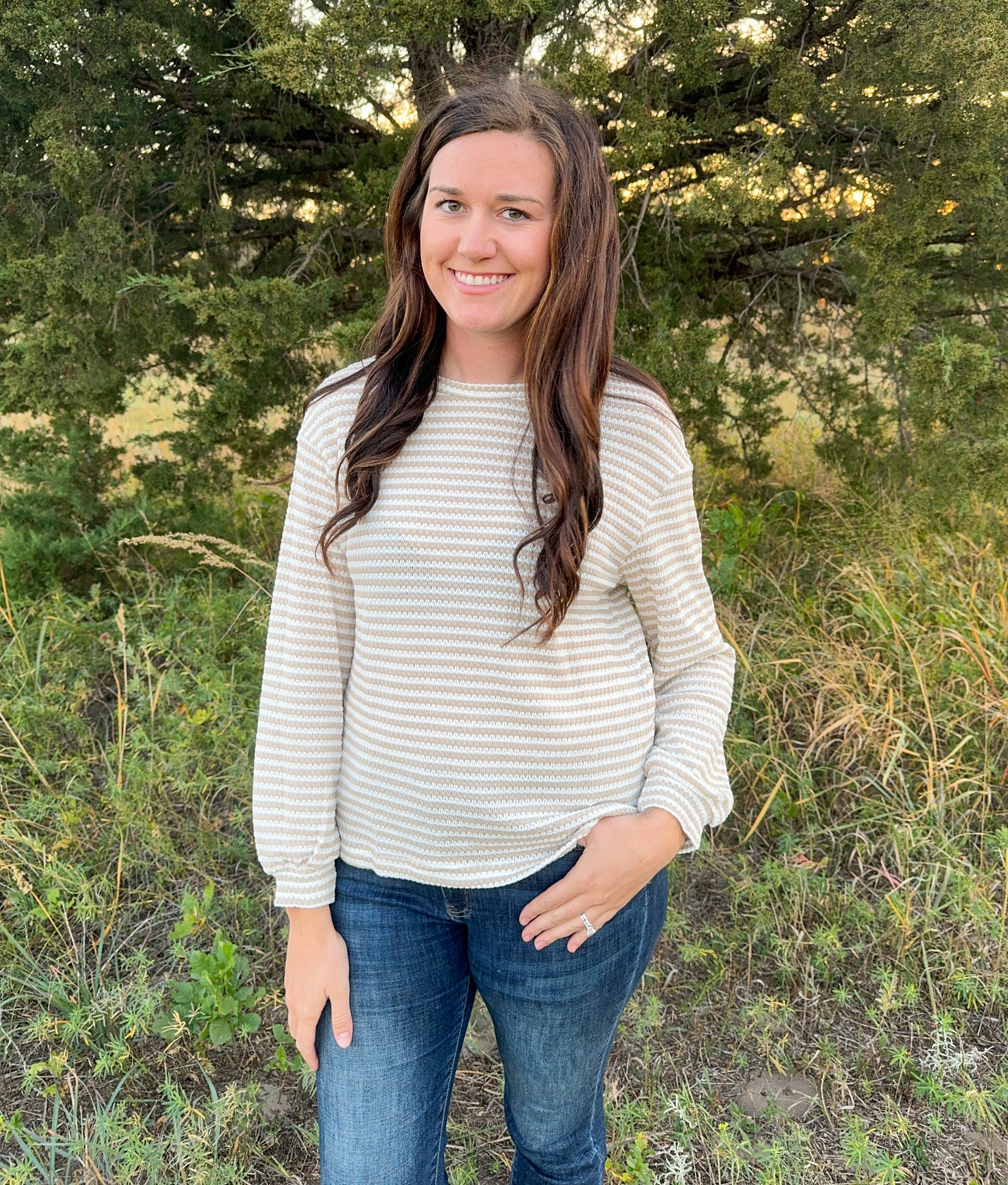 Khaki Stripe Round Neck Long Sleeve Top