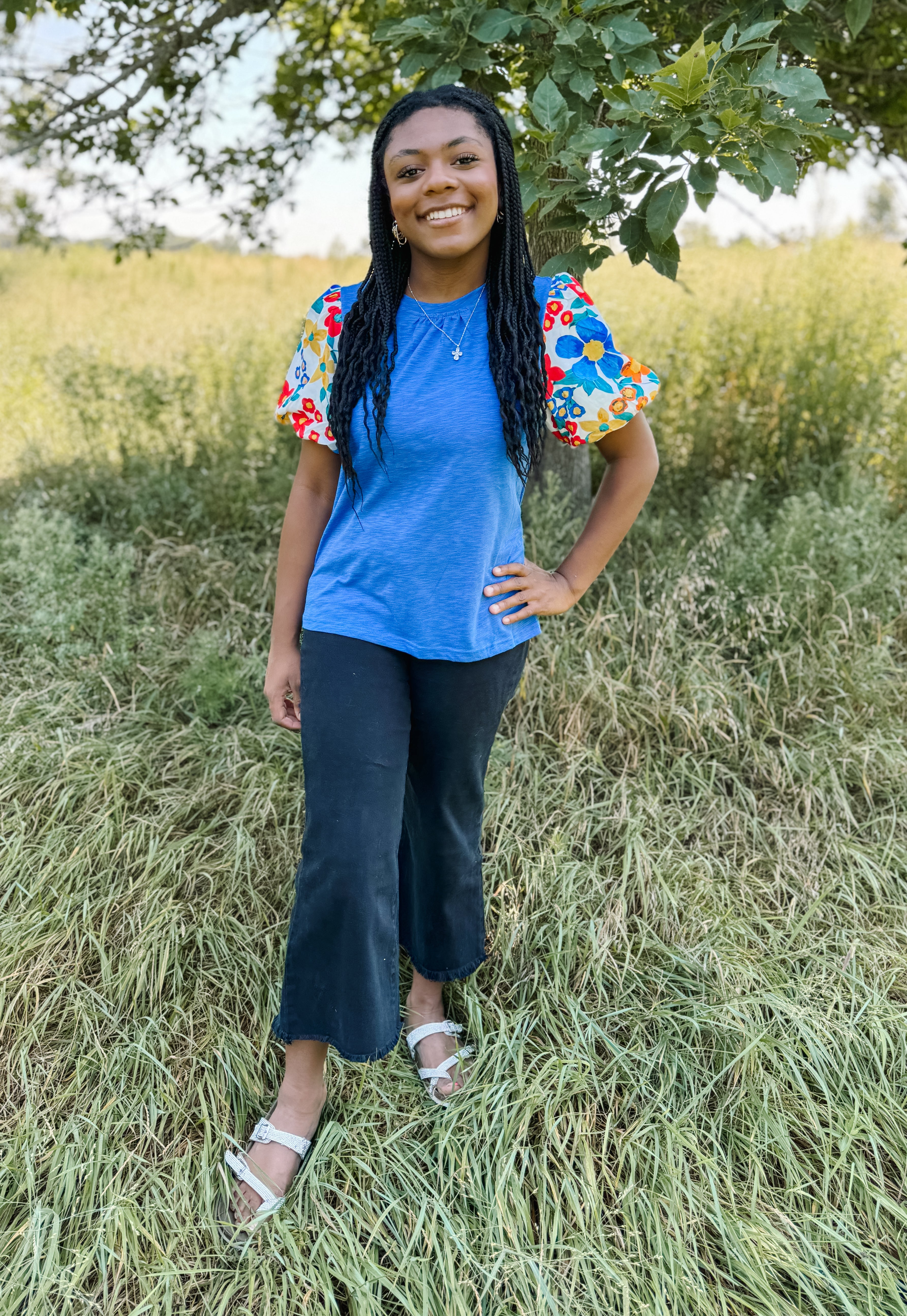 Blue Floral Print Sleeve Top