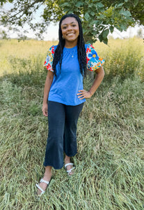 Blue Floral Print Sleeve Top