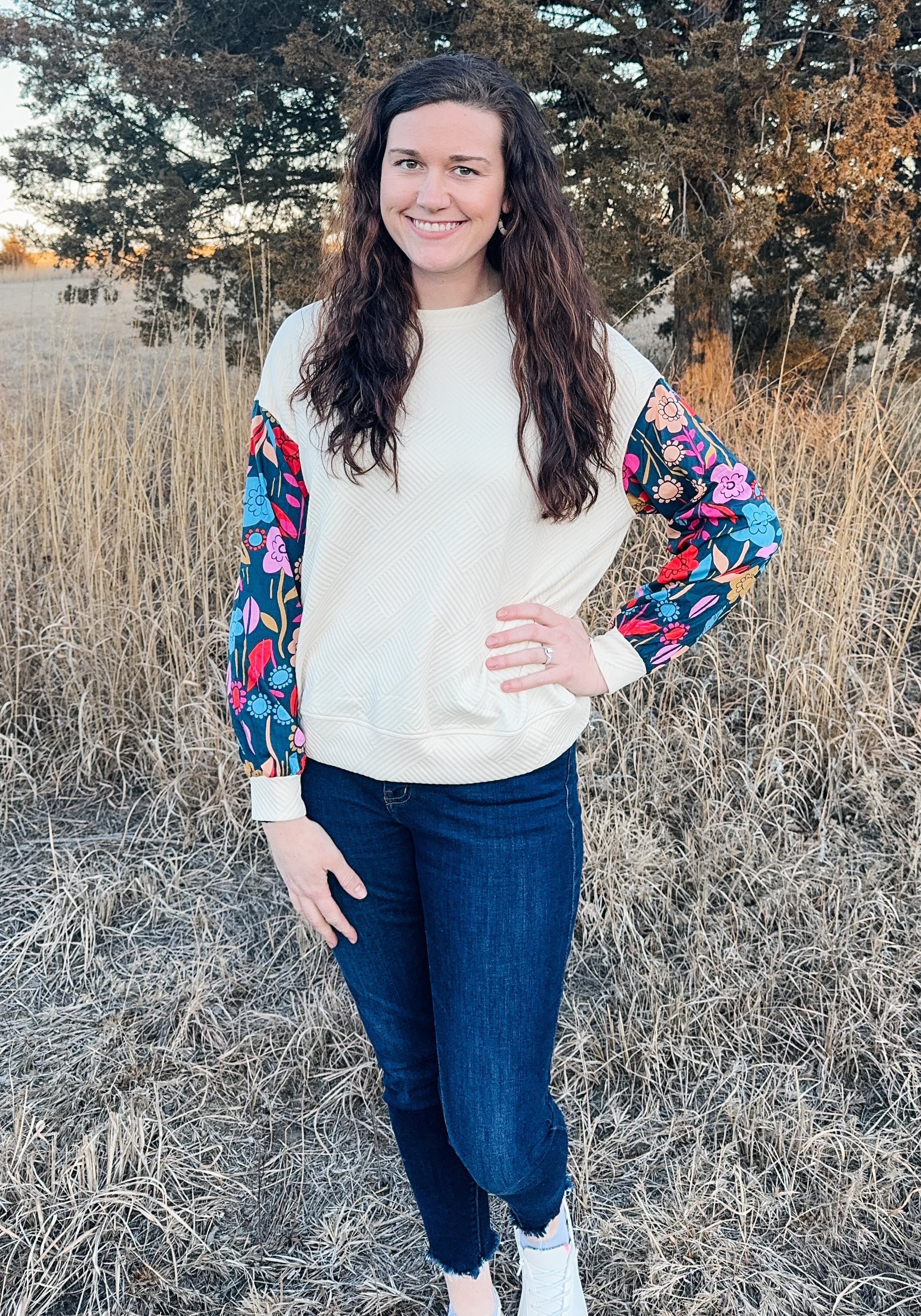 White Vintage Floral Long Sleeve Top
