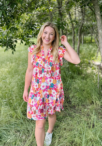 Floral Print V Neck Ruffle Dress