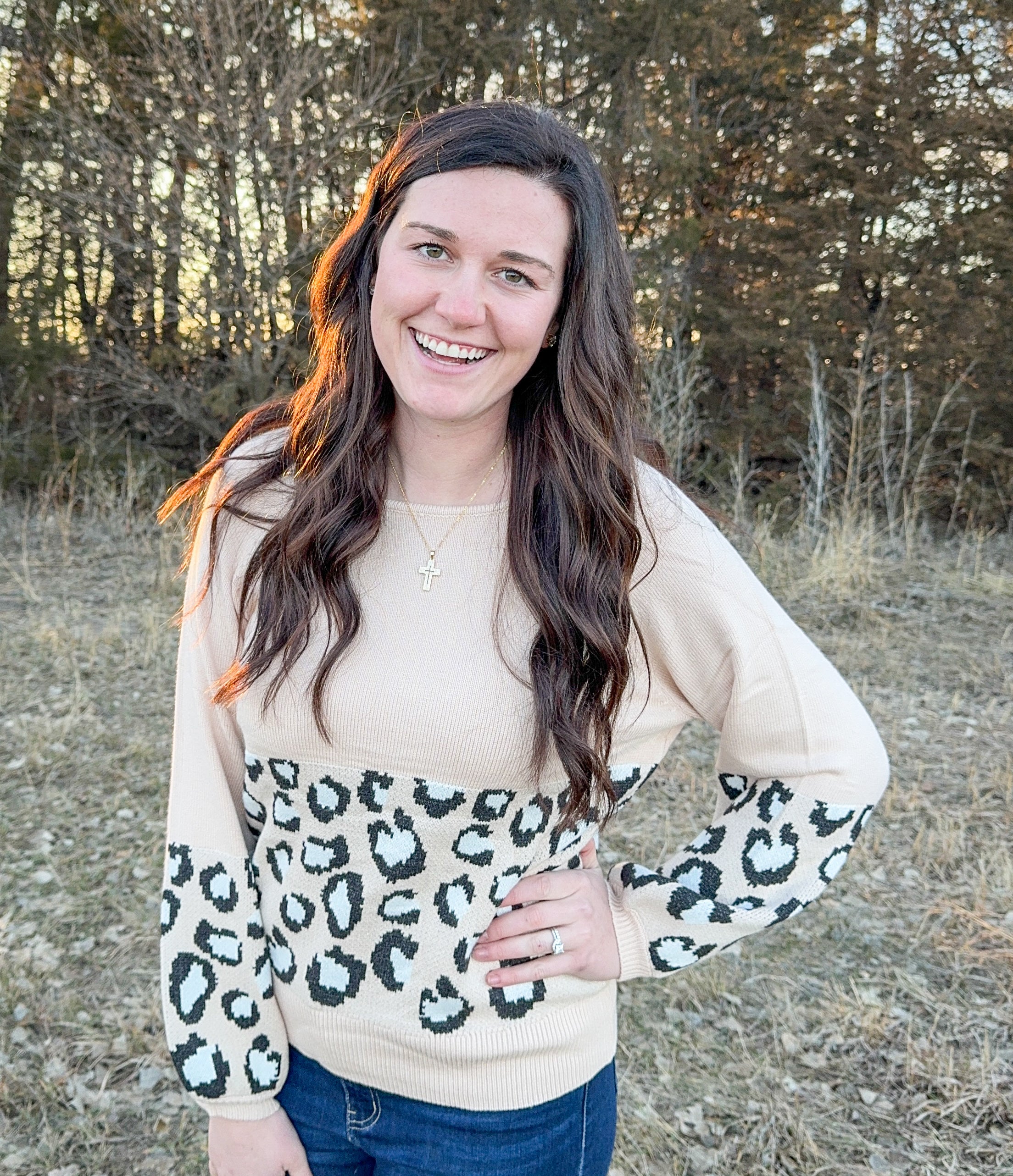 Khaki and animal print color block sweater