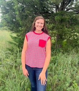 Red Stripe Pocket Round Neck Top