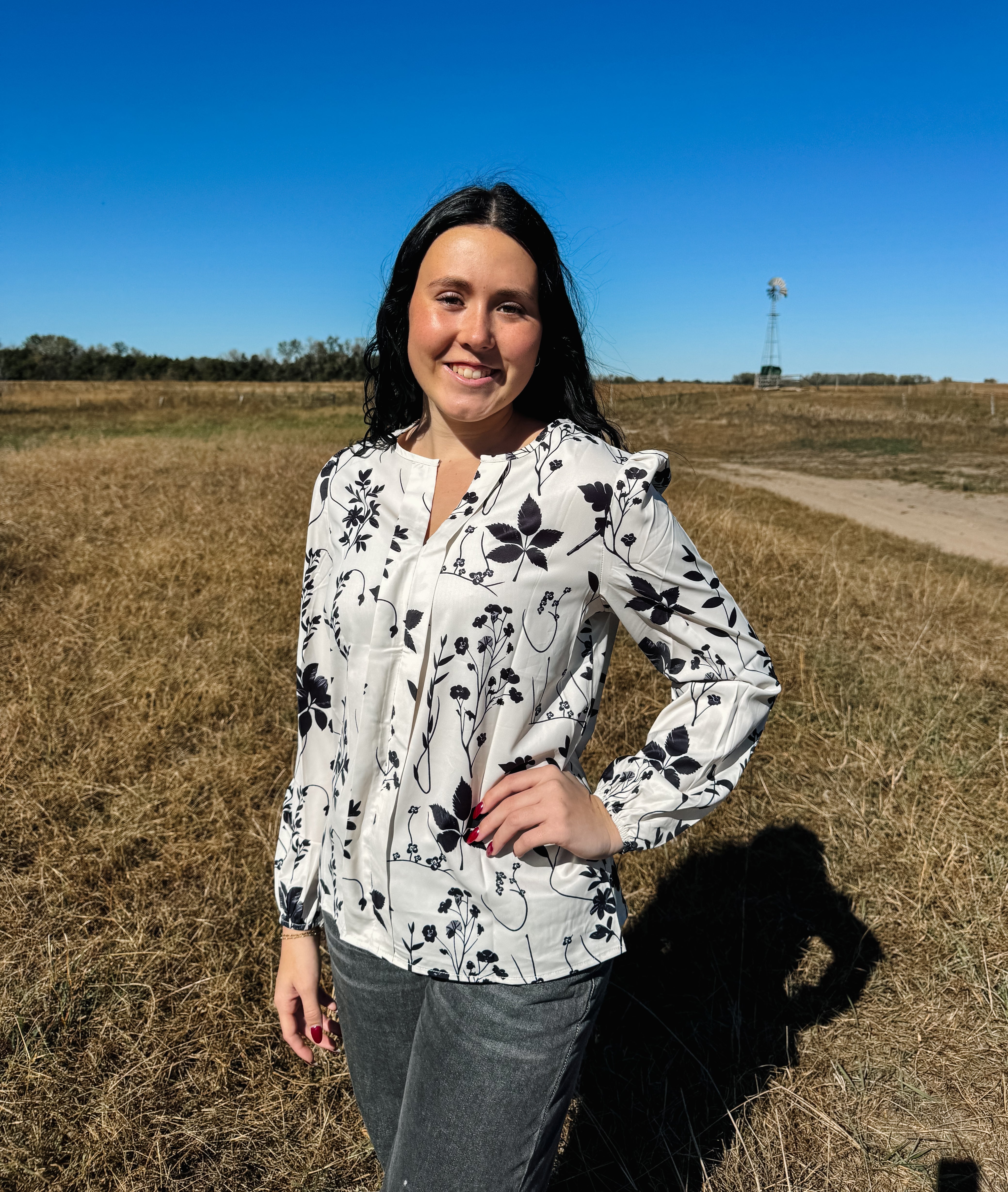 Khaki & Black Floral Print Split V Neck Blouse