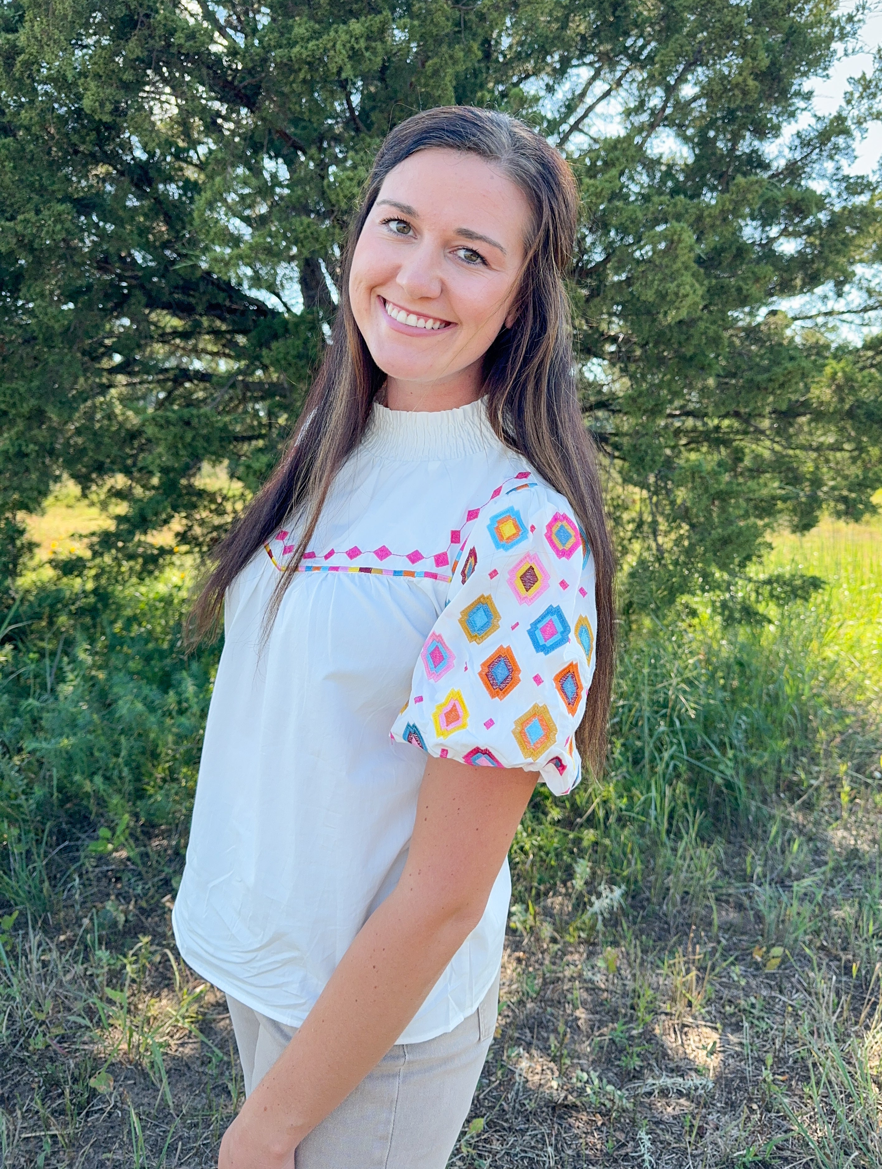 White Geometric Embroidered Smocked Neck Top