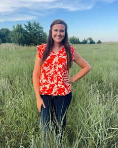 Orange Floral Print V Neck Top